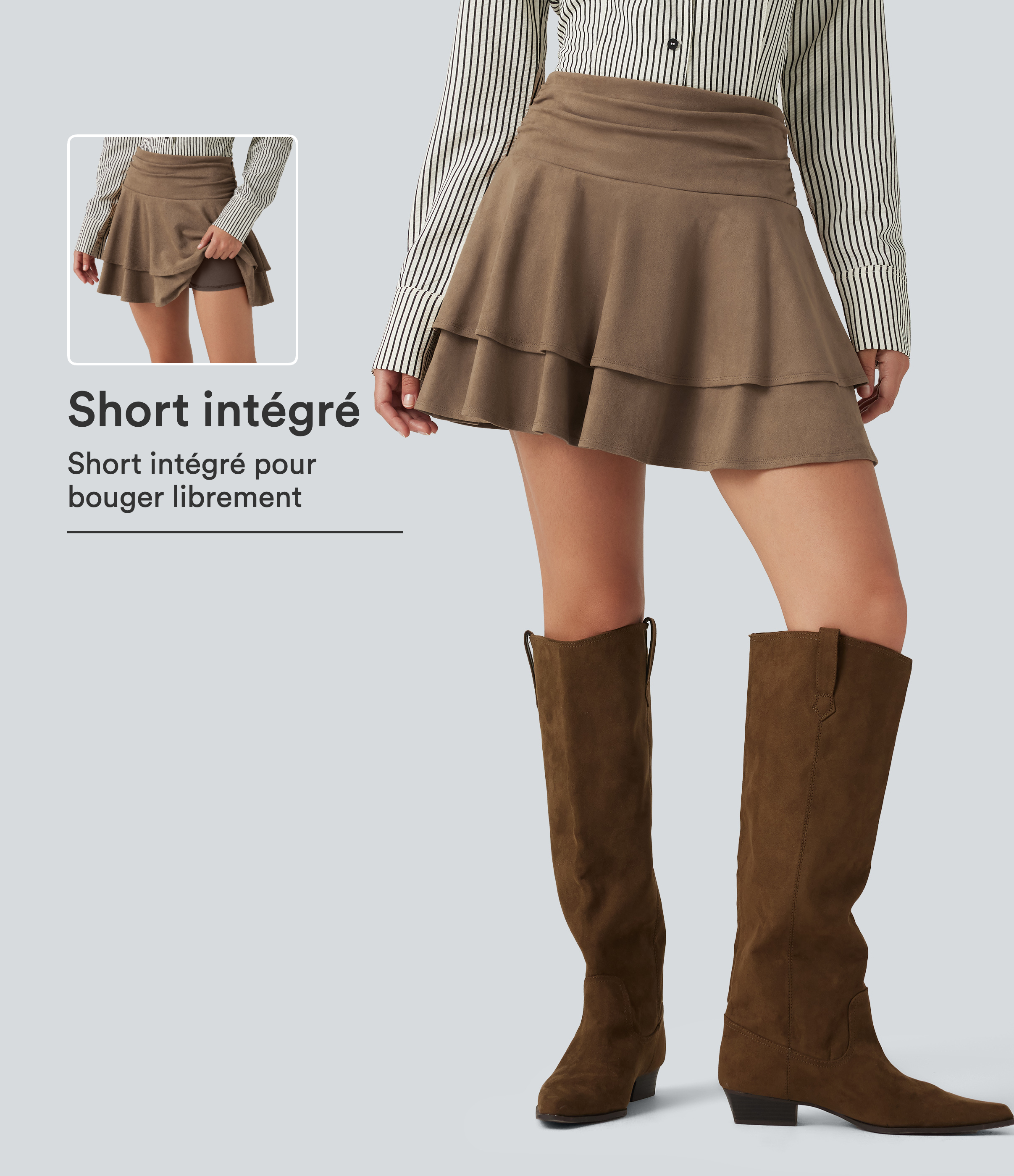 Jupe-short mini taille haute froncée en suédine à effet superposé