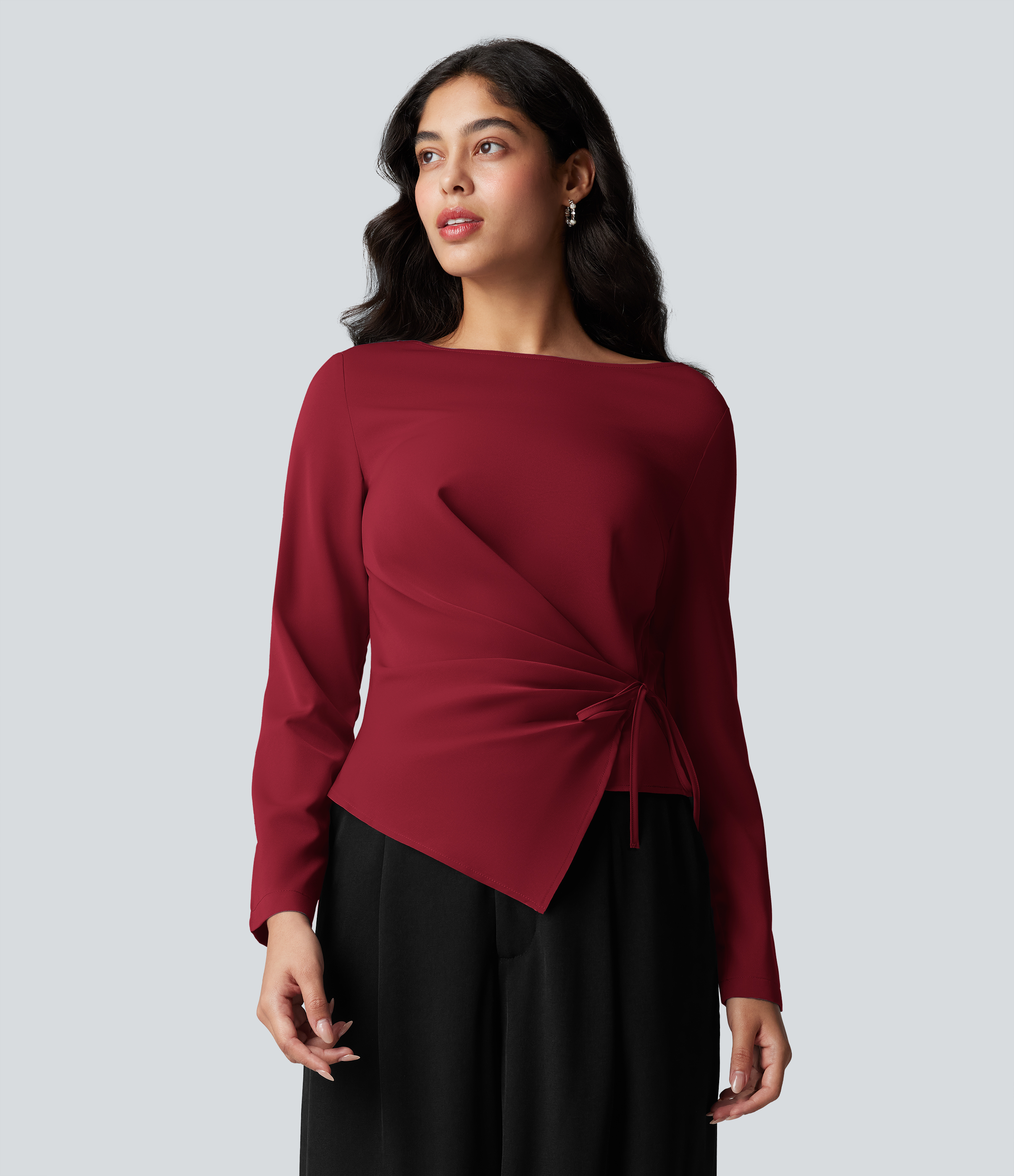 Wrinkle Recovery Boat Neck Long Sleeve Ruched Tie Work Blouse