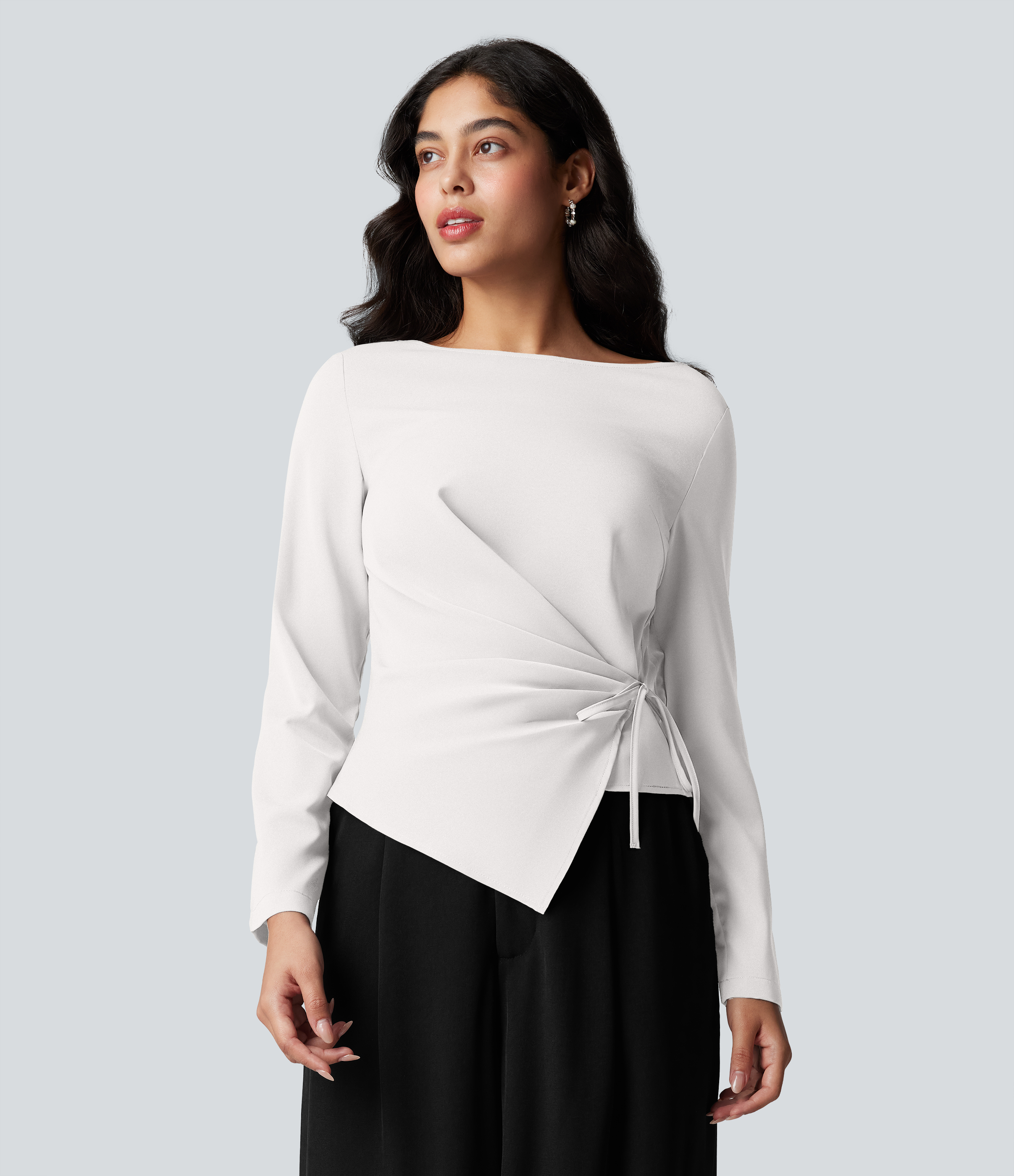 Wrinkle Recovery Boat Neck Long Sleeve Ruched Tie Work Blouse