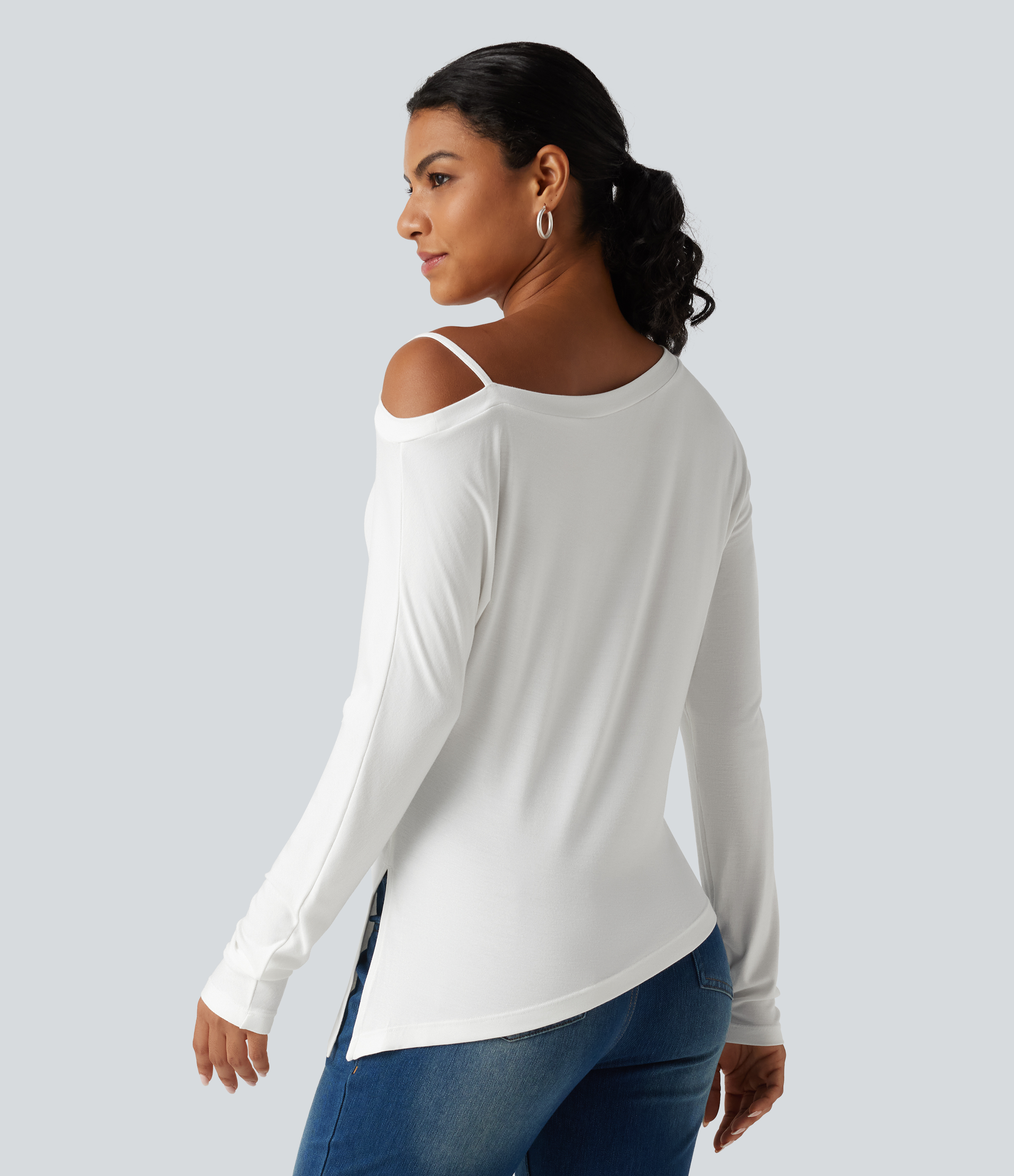 Weiß Geripptes Ein-Schulter-Langarm-T-Shirt mit asymmetrischem Saum, lässig / 2