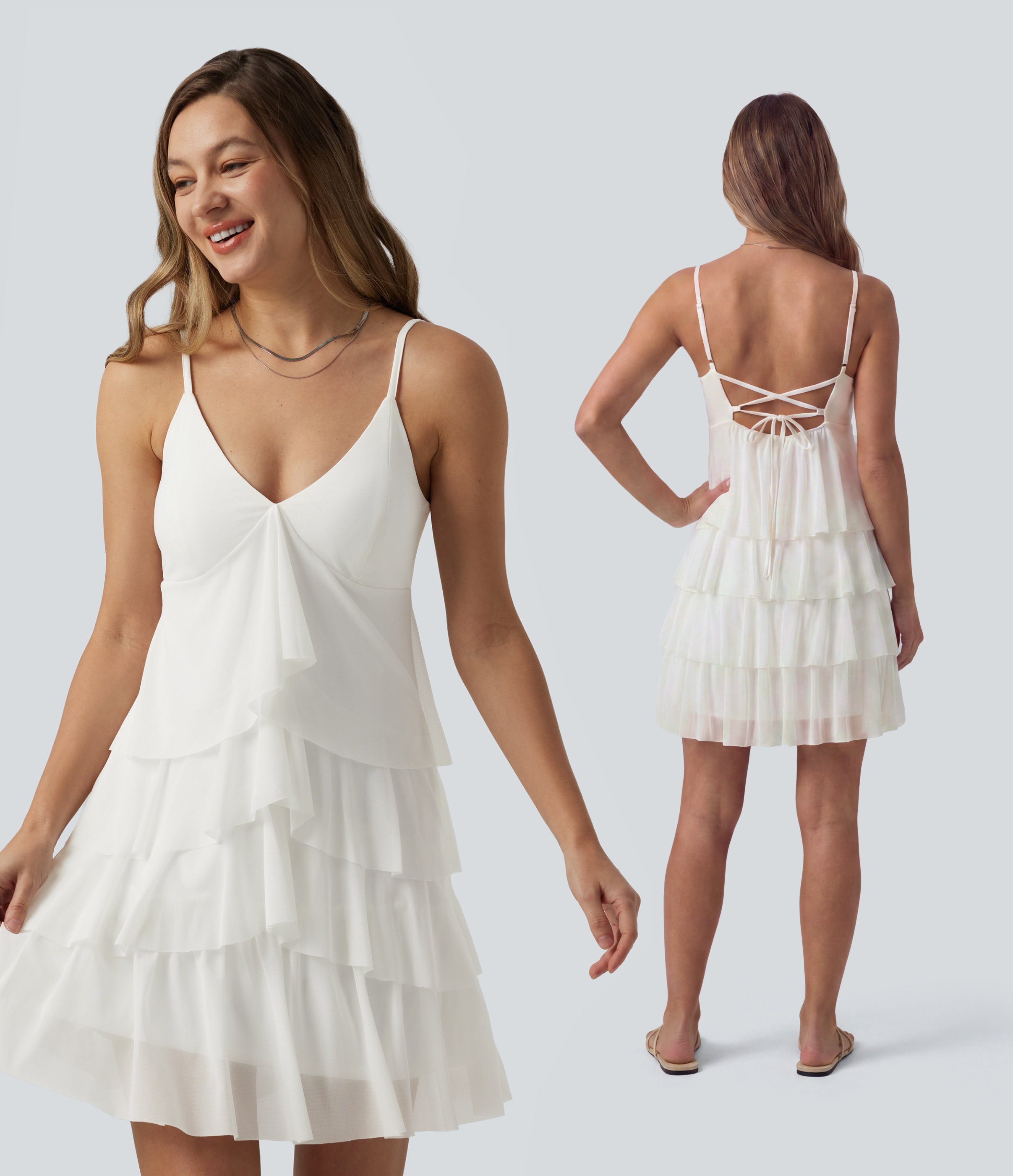 Crisscross Backless Mesh Overlay Built-in Bra Mini Casual Tiered Slip Dress with Pockets