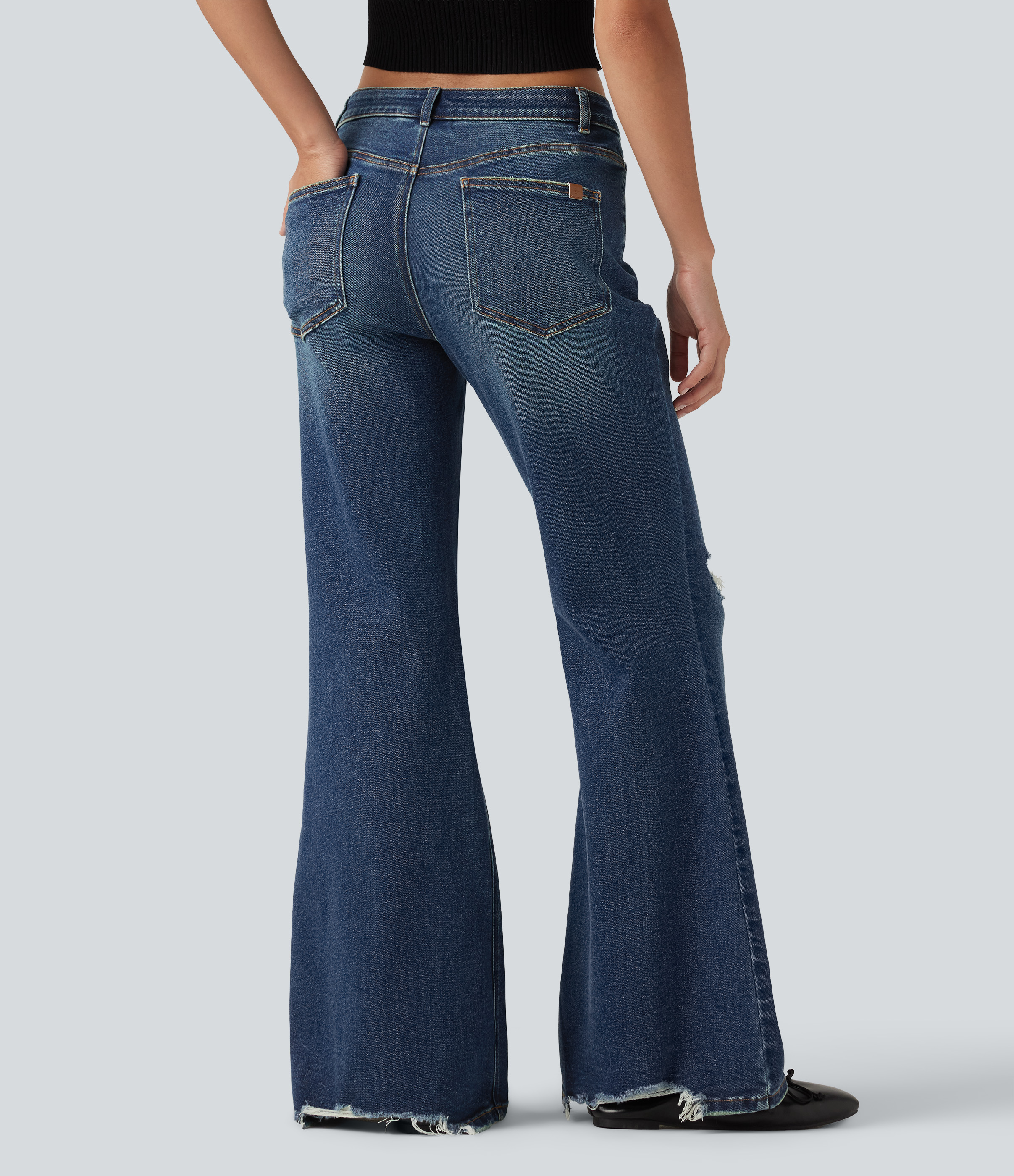Tide Blue Denim Low Rise Casual Flare Jeans with Pockets / 2