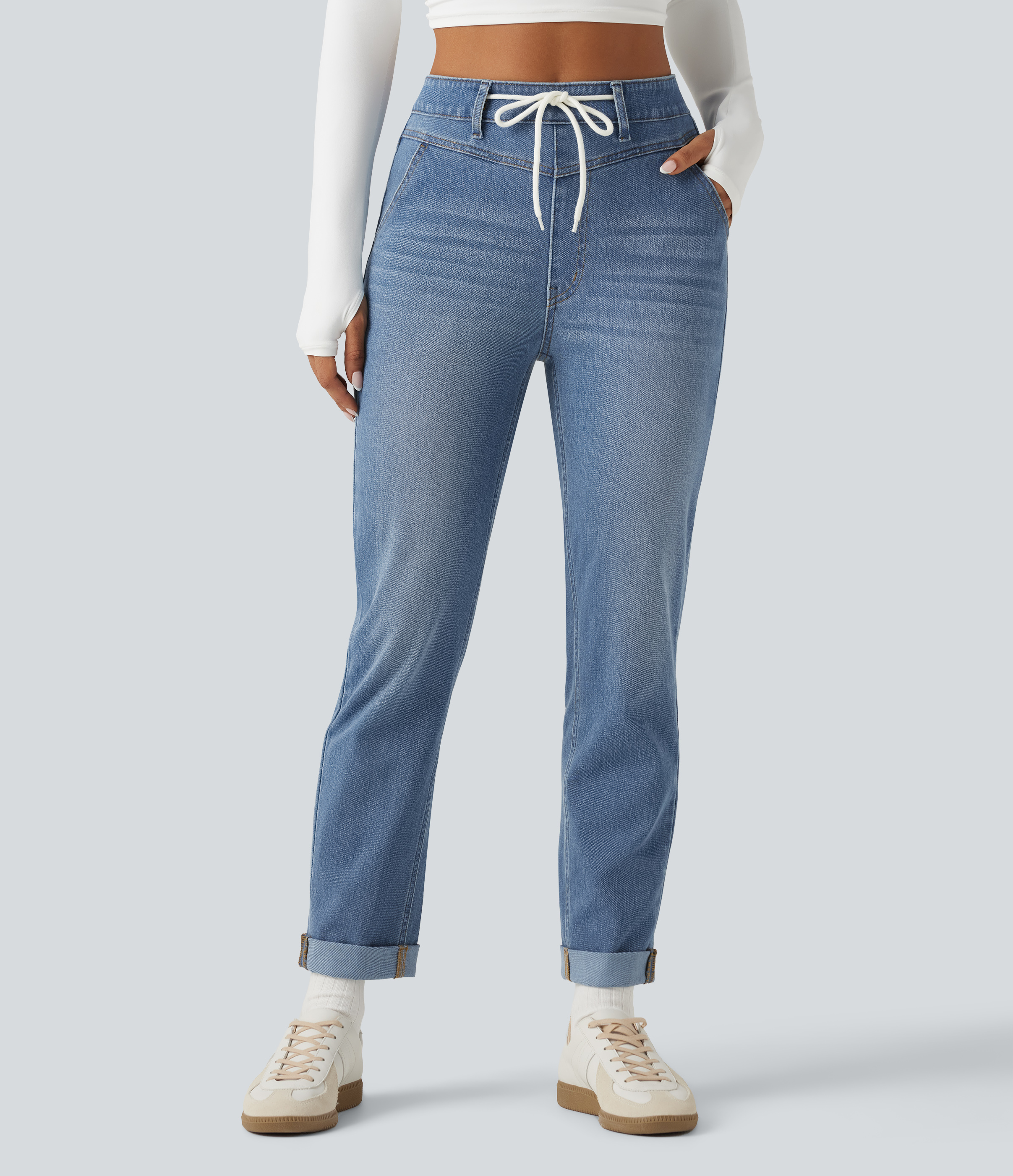 Sunset Blue Denim Halara Flex™ High Waisted Drawstring Casual Jeans with Pockets / 1