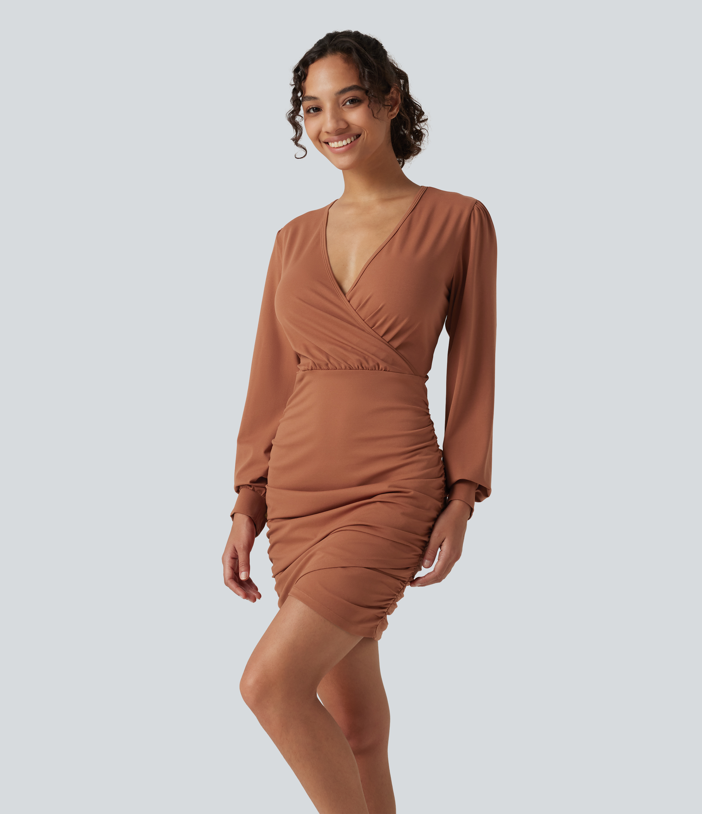 V Neck Long Sleeve Ruched Bodycon Mini Casual Dress