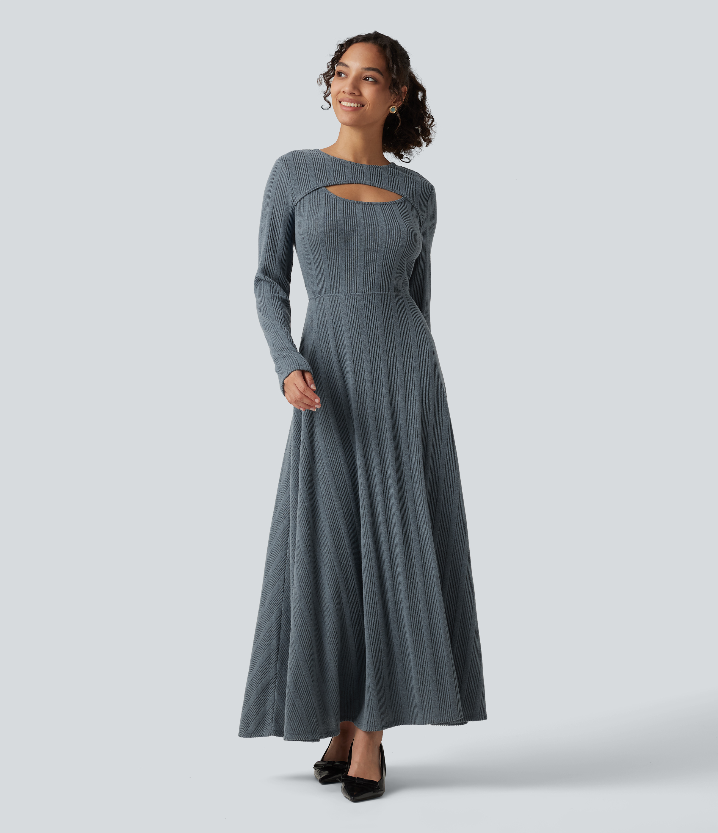 Round Neck Cut Out Long Sleeve Flowy Midi Casual Dress