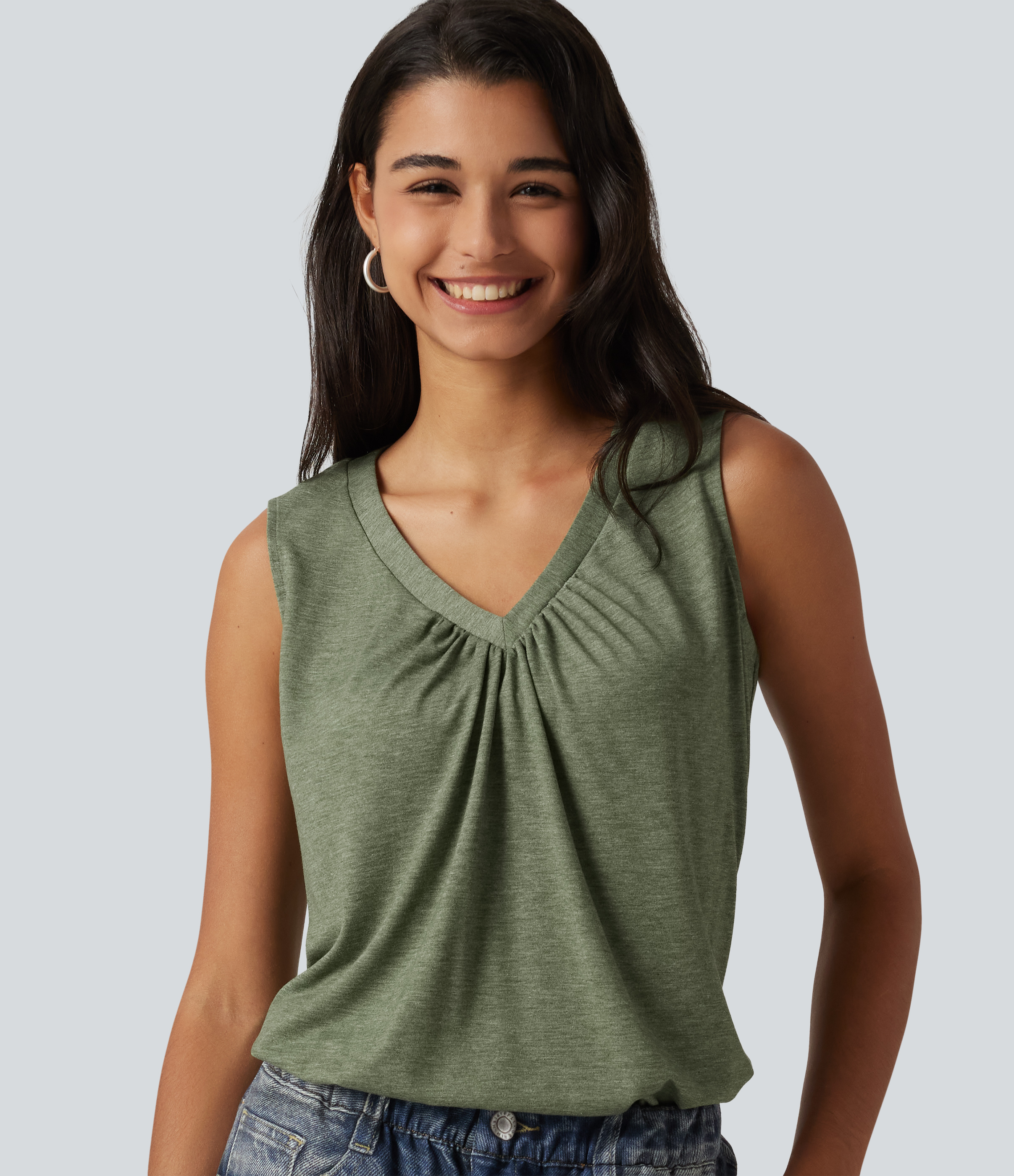 V Neck Heathered Ruched Casual Tank Top