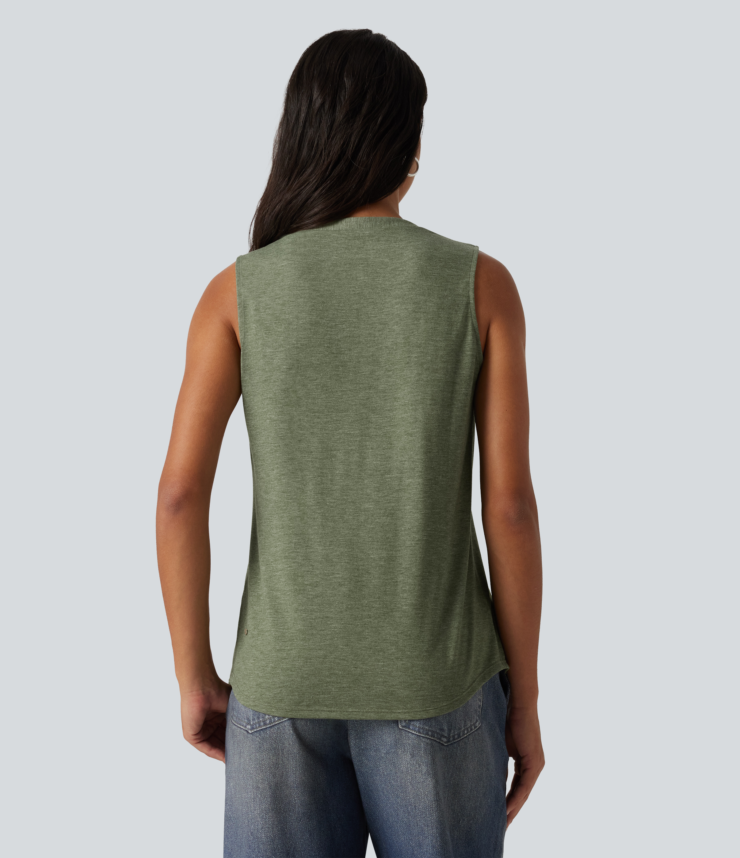 Light Green Floral Yarn V-Ausschnitt meliertes, gerafftes, lässiges Tanktop / 2