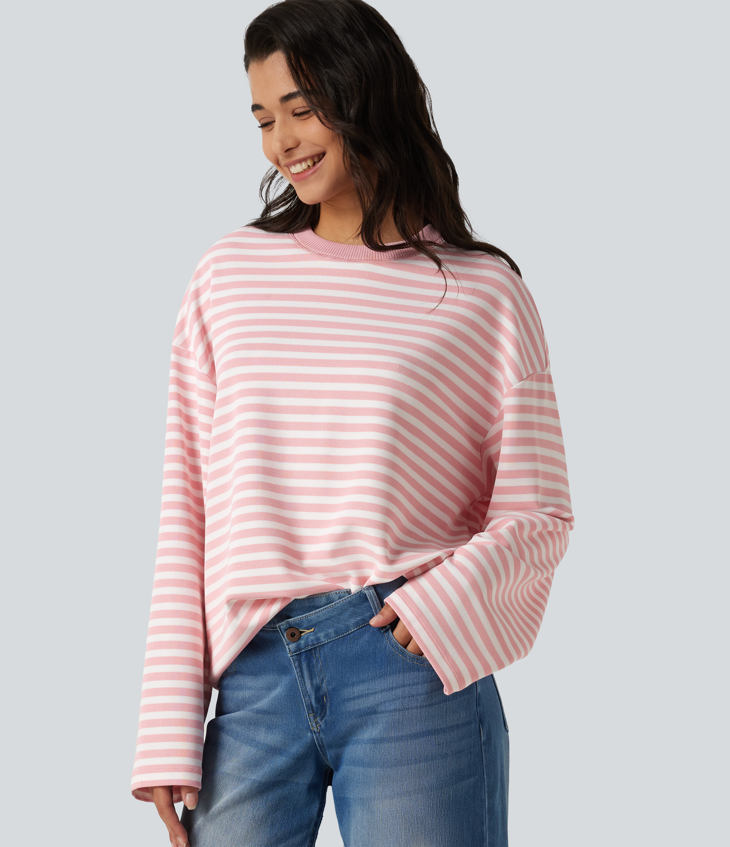 Round Neck Long Sleeve Stripe Waffle Casual Top