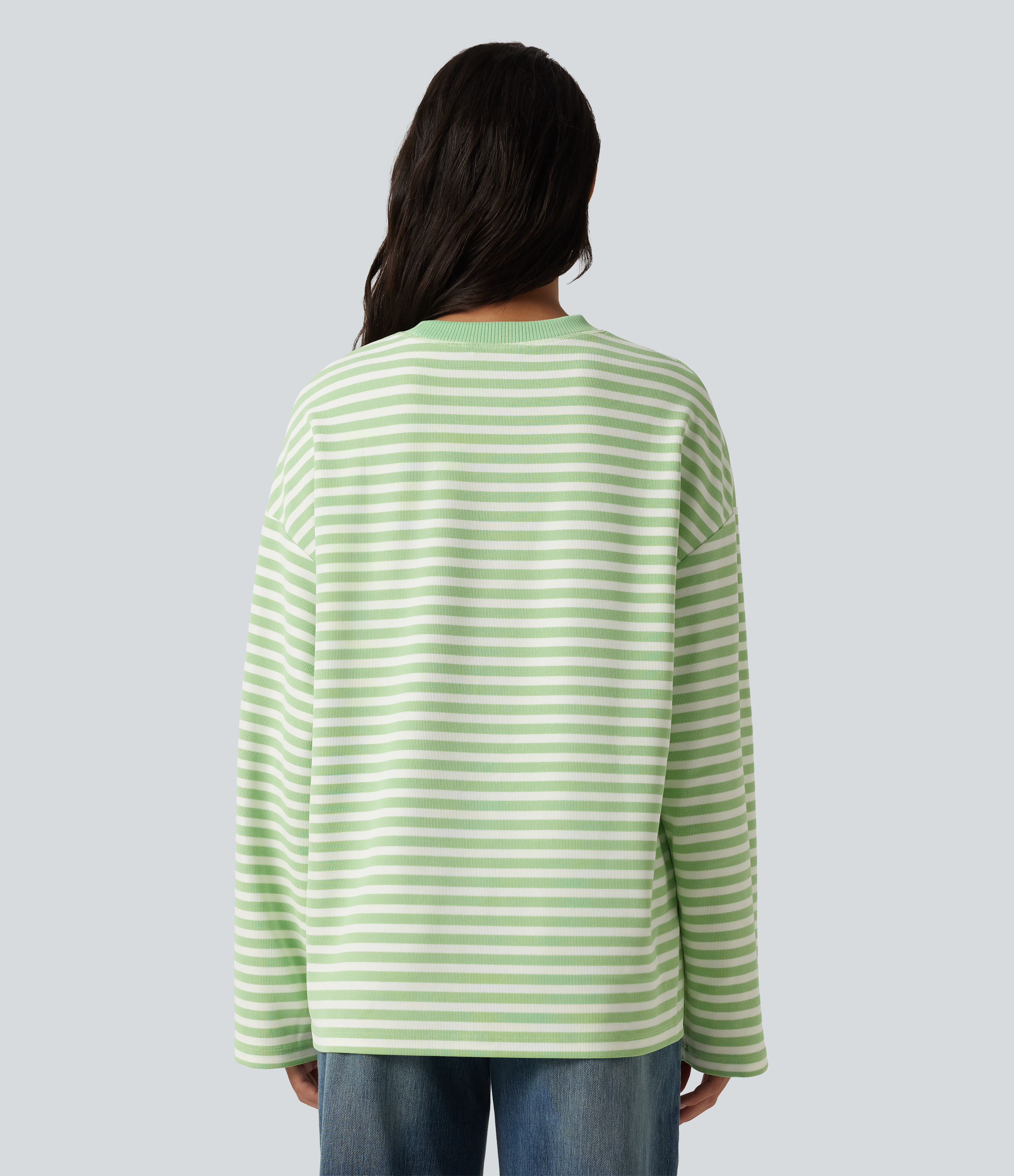 Green Stripe Round Neck Long Sleeve Stripe Waffle Casual Top / 2