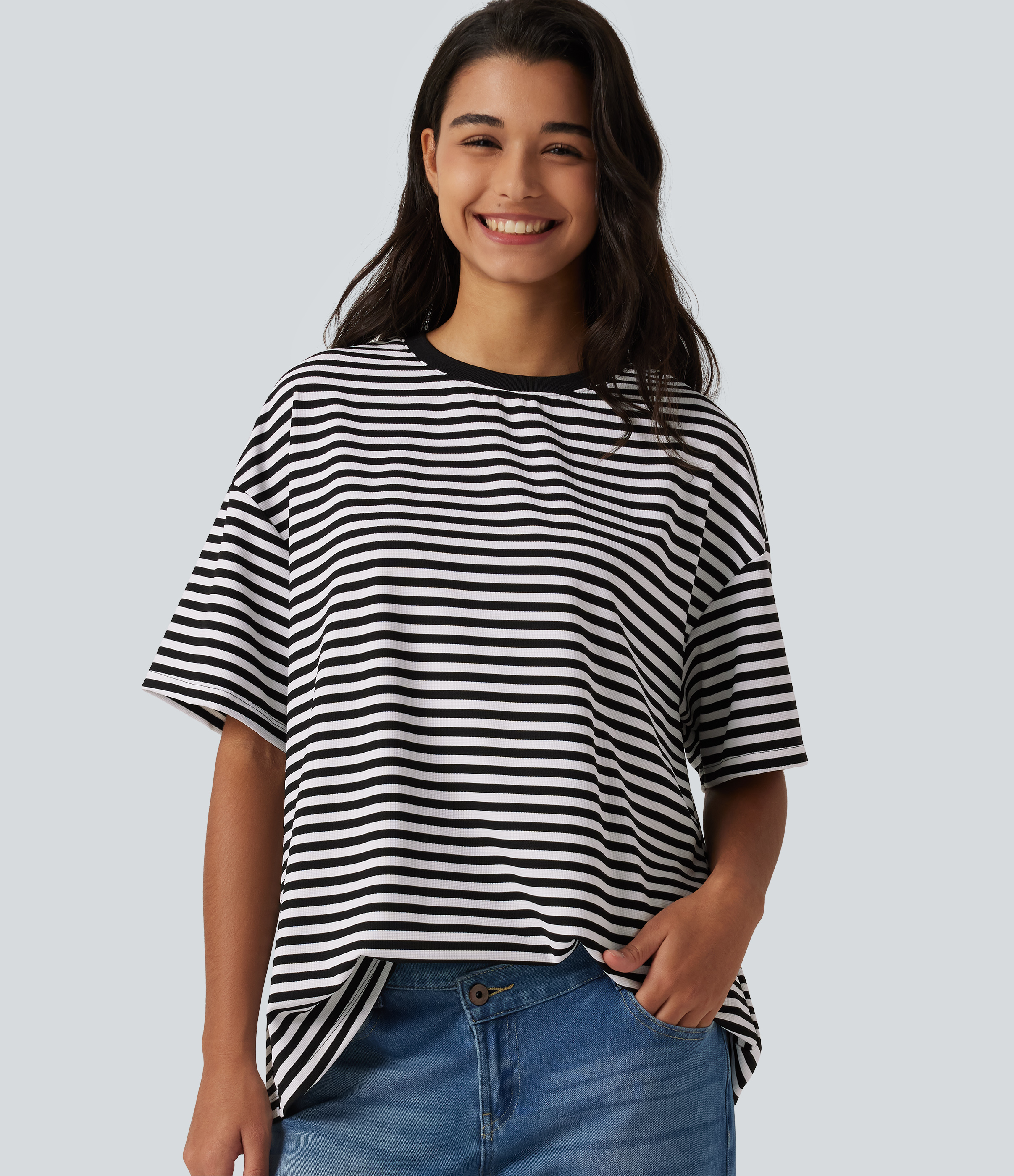 Round Neck Short Sleeve Stripe Waffle Casual T-Shirt