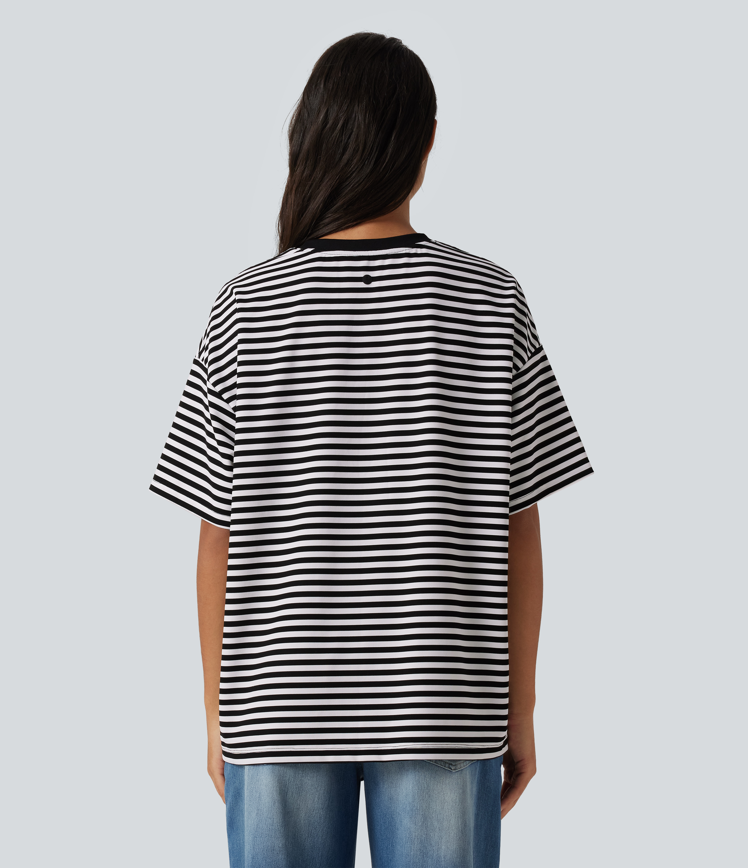 Black White Horizontal Stripe Round Neck Short Sleeve Stripe Waffle Casual T-Shirt / 2
