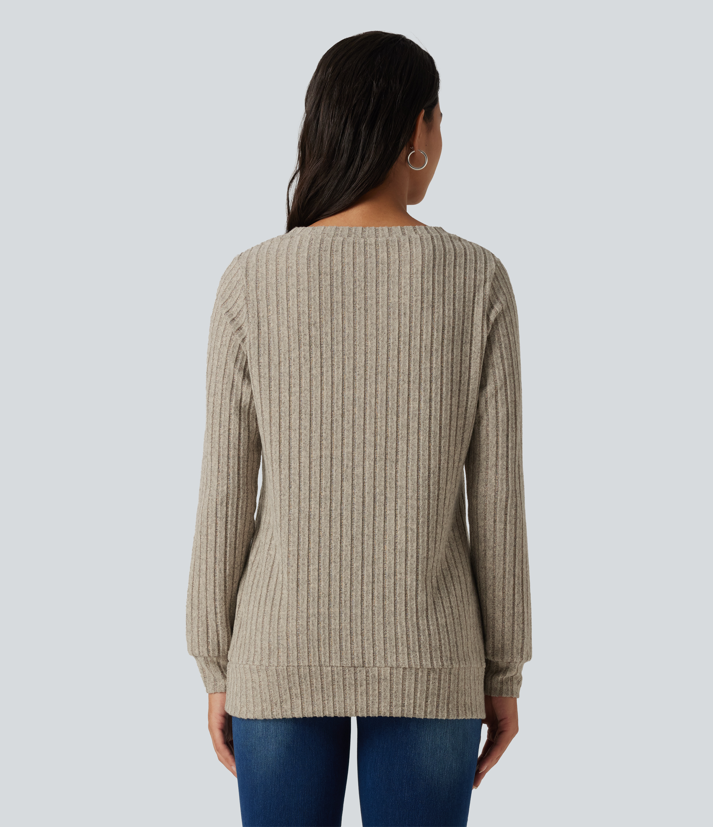 Warm Grey Floral Velvet Ribbed Knit V Neck Long Sleeve Casual T-Shirt / 2