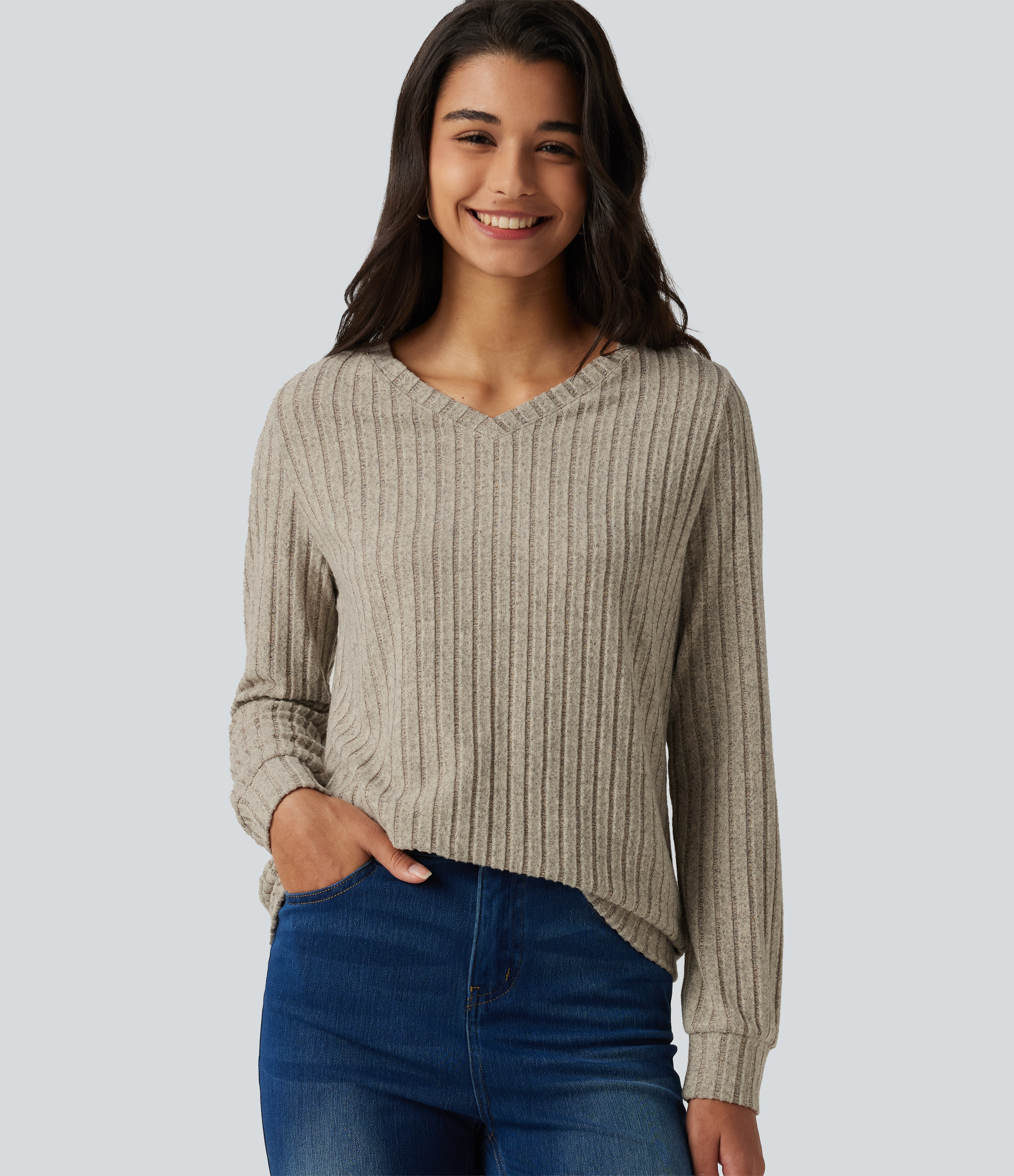 Ribbed Knit V Neck Long Sleeve Casual T-Shirt