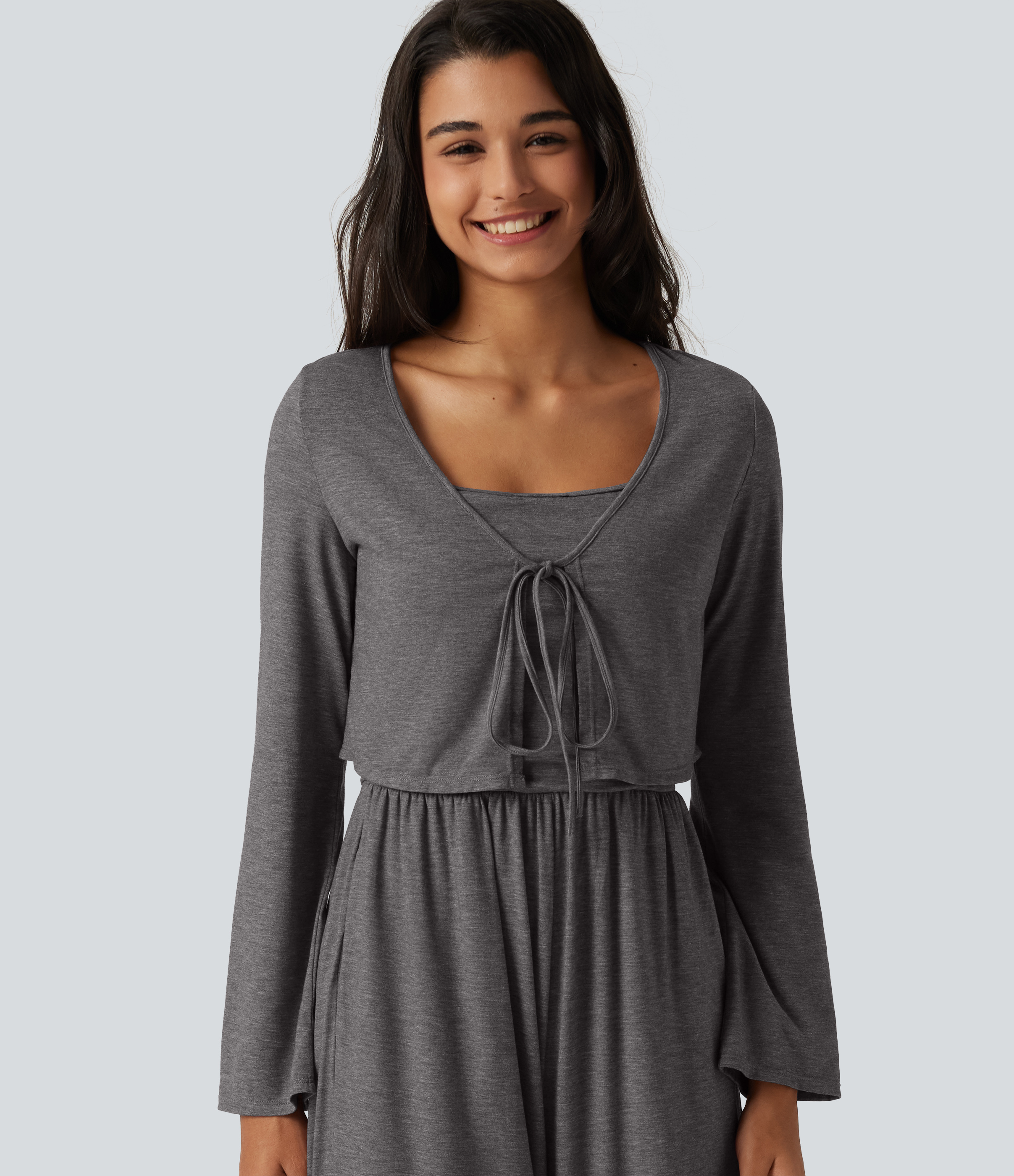 V Neck Tie Front Long Sleeve Casual Top