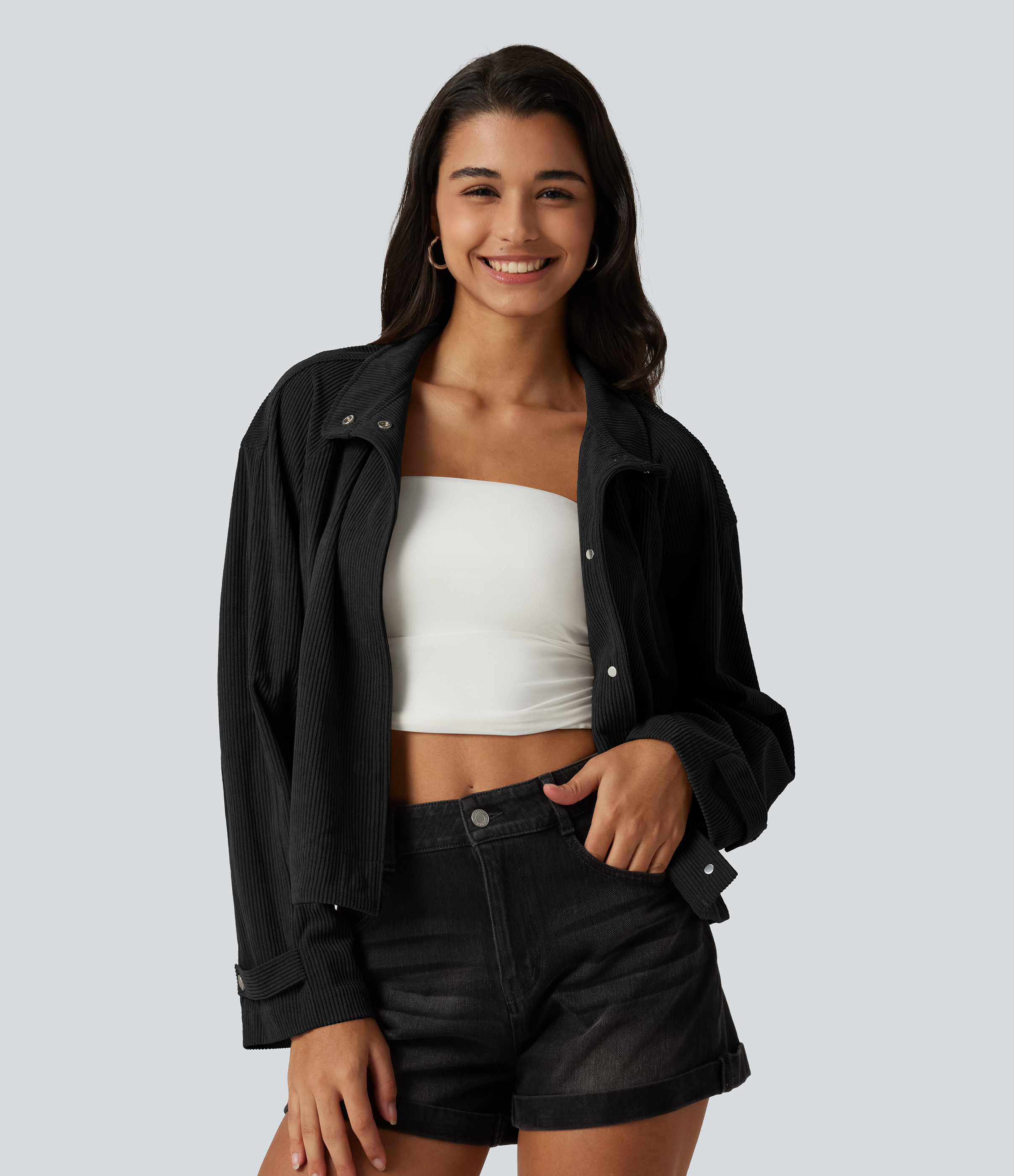Long Sleeve Corduroy Casual Shirt Jacket with Pockets