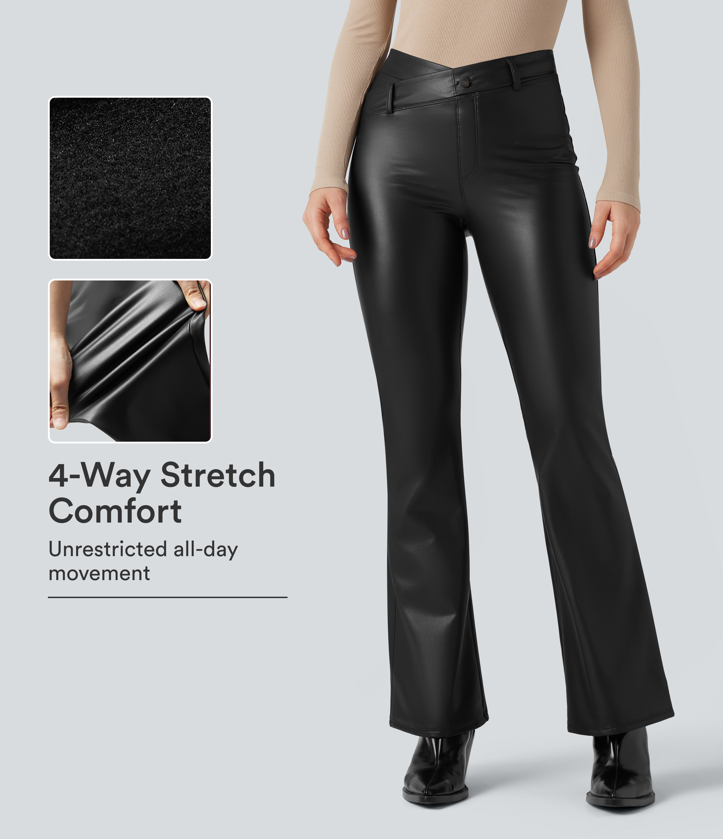 Asymmetric High Waisted Tummy Control Stretchy PU Fleece Casual Flare Pants with Pockets