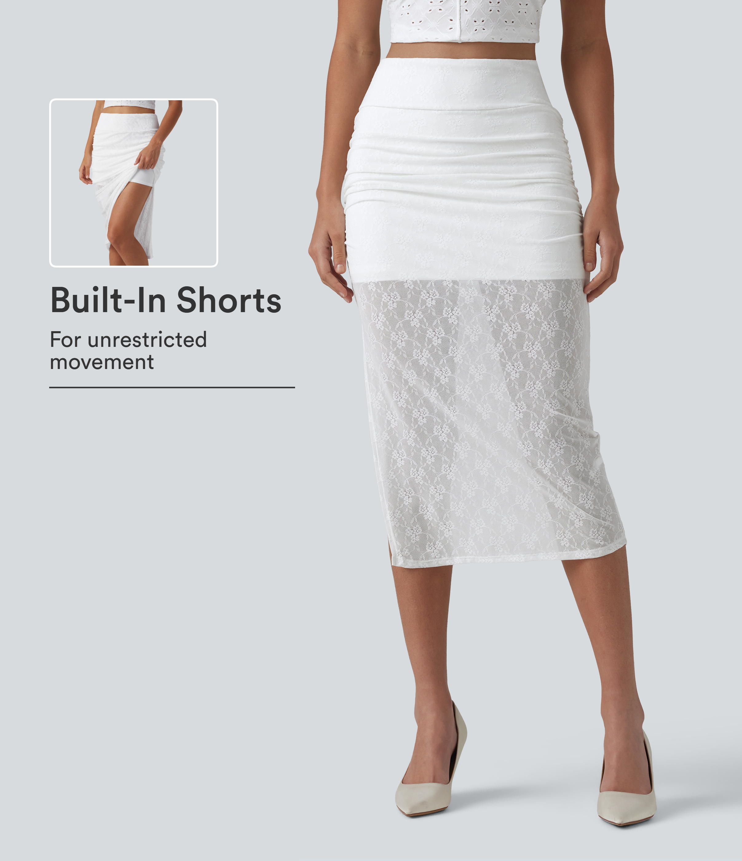 High-waisted 2-in-1 Ruched Split Bodycon Midi Bridesmaid And Wedding Guest Lace Skirt