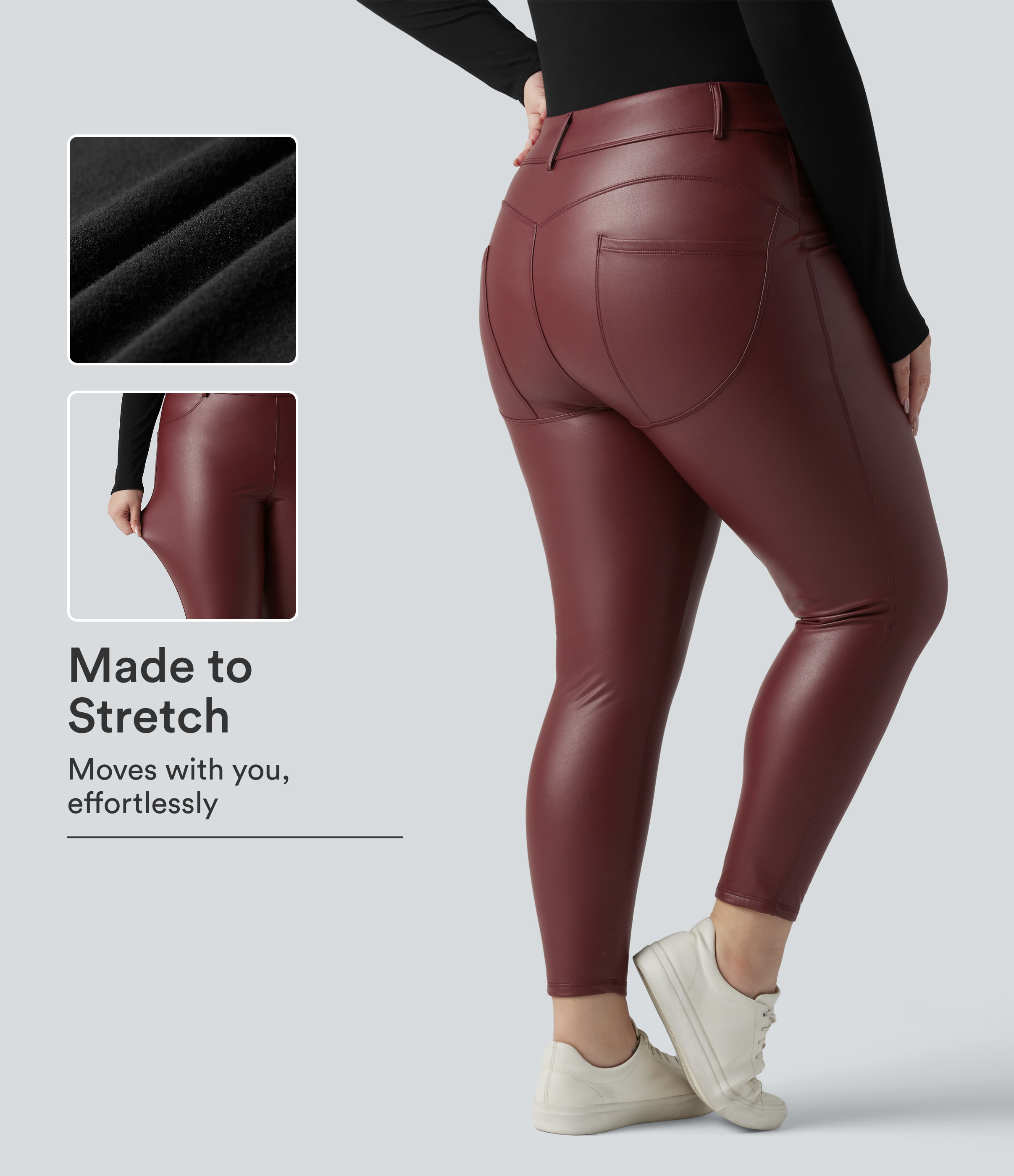 High Waisted Stretchy PU Fleece Casual Plus Size Leggings with Pockets
