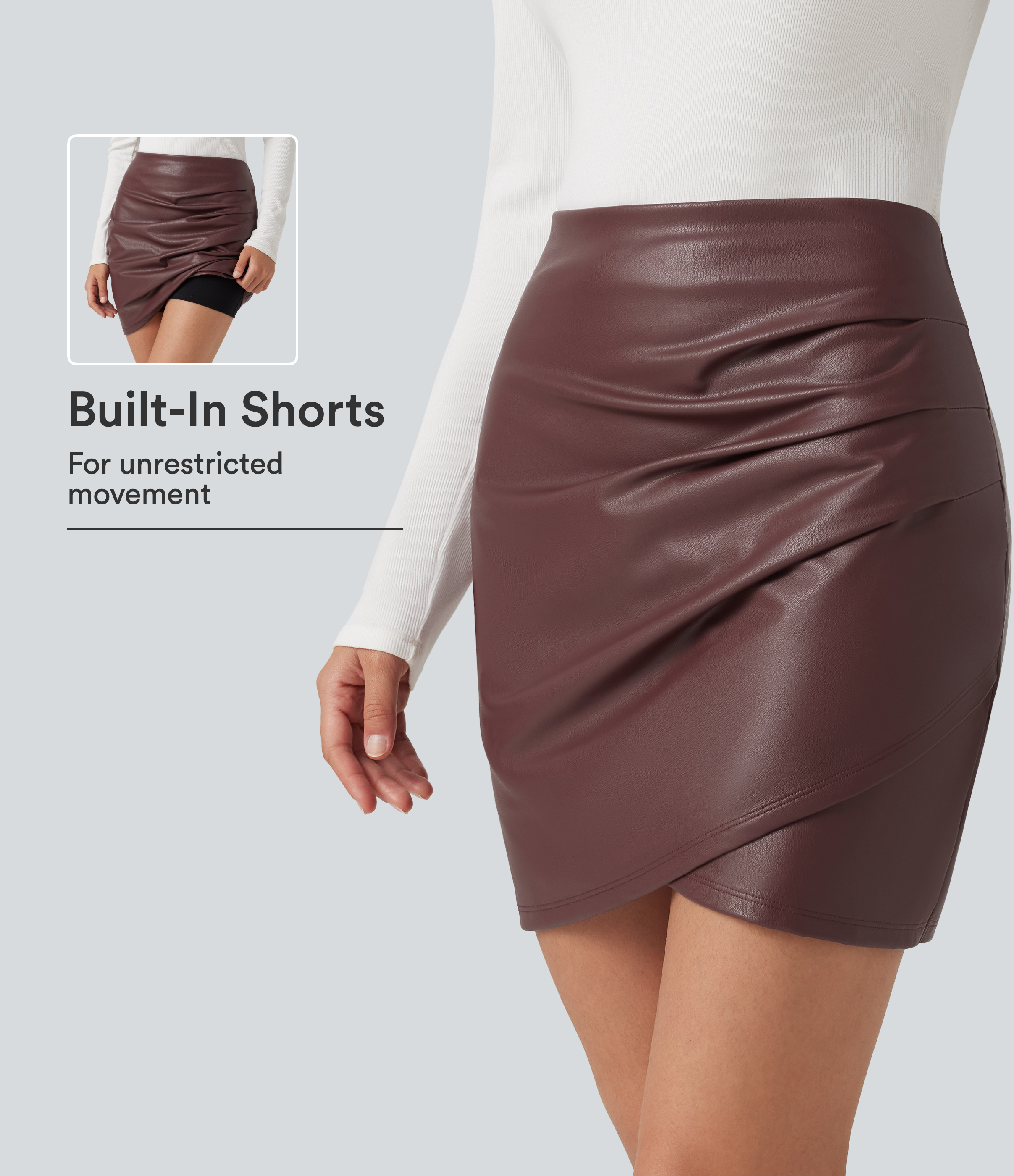 High Waisted 2-in-1 Ruched Crossover Hem Bodycon Fleece Mini Casual PU Leather Skirt