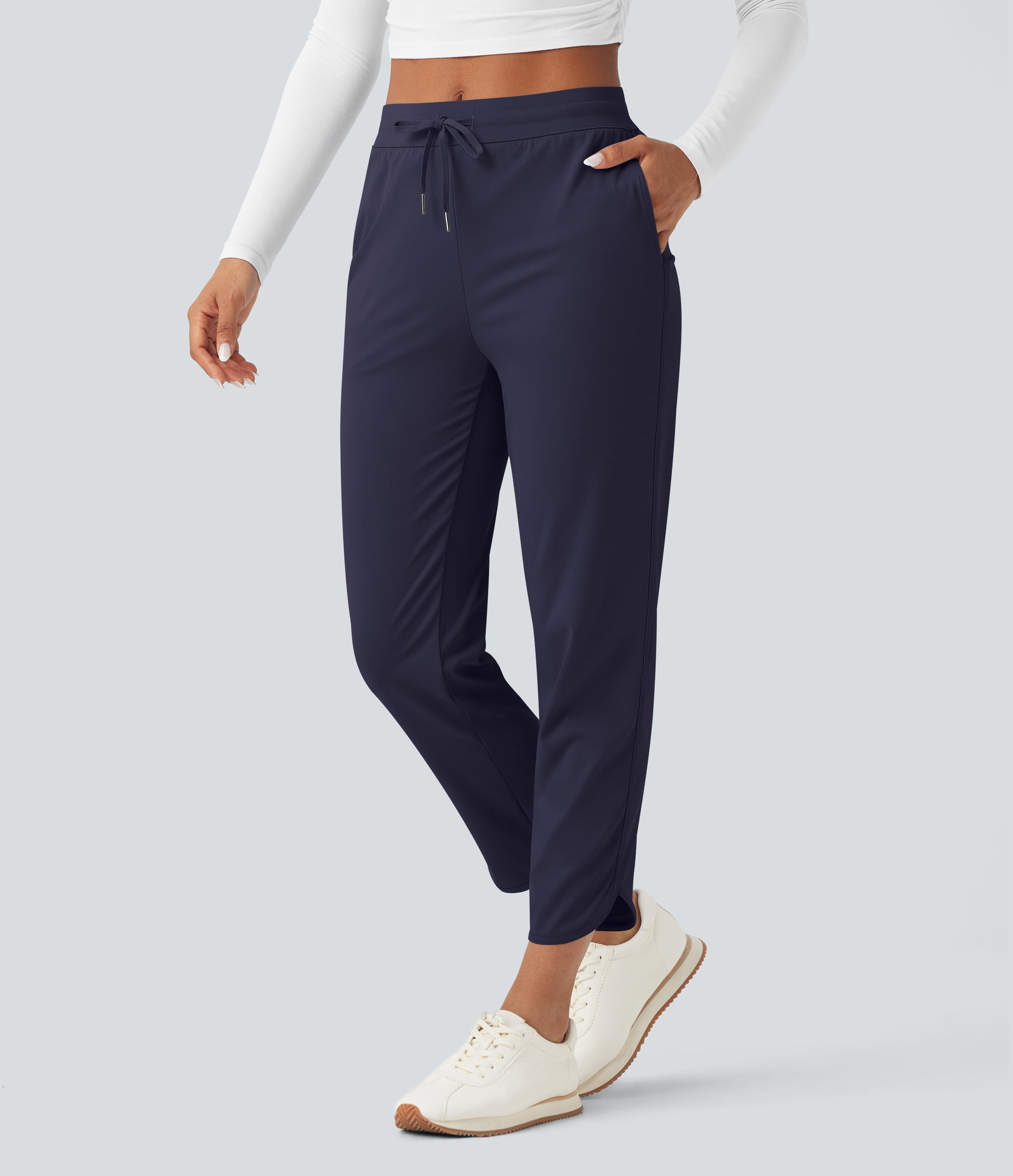 Mid Rise Drawstring Curved Hem Quick Dry Golf Tapered Pants with Pockets-UPF40+