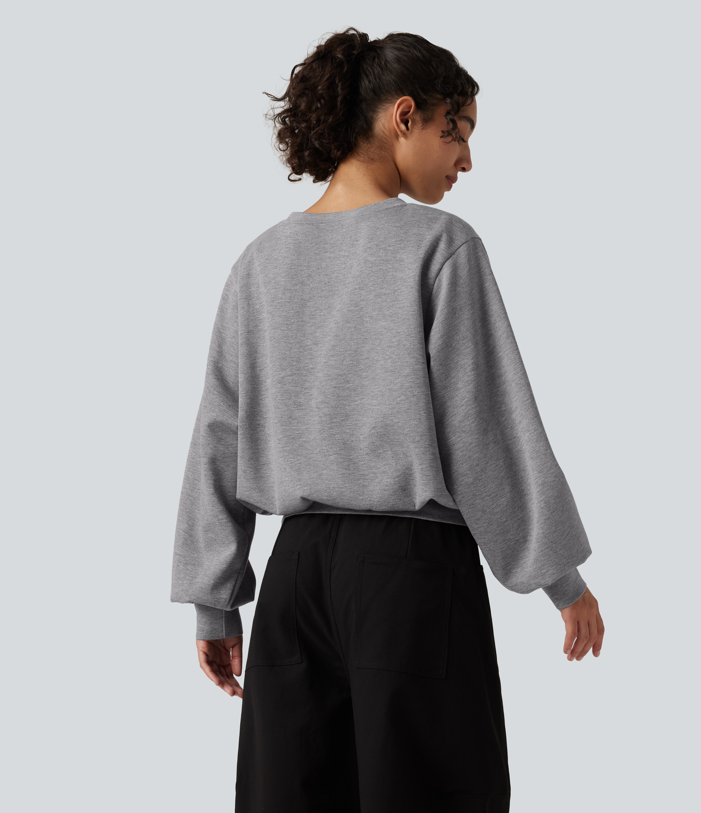 Dark Mottled Grey Round Neck Bubble Long Sleeve Casual Sweatshirt / 2