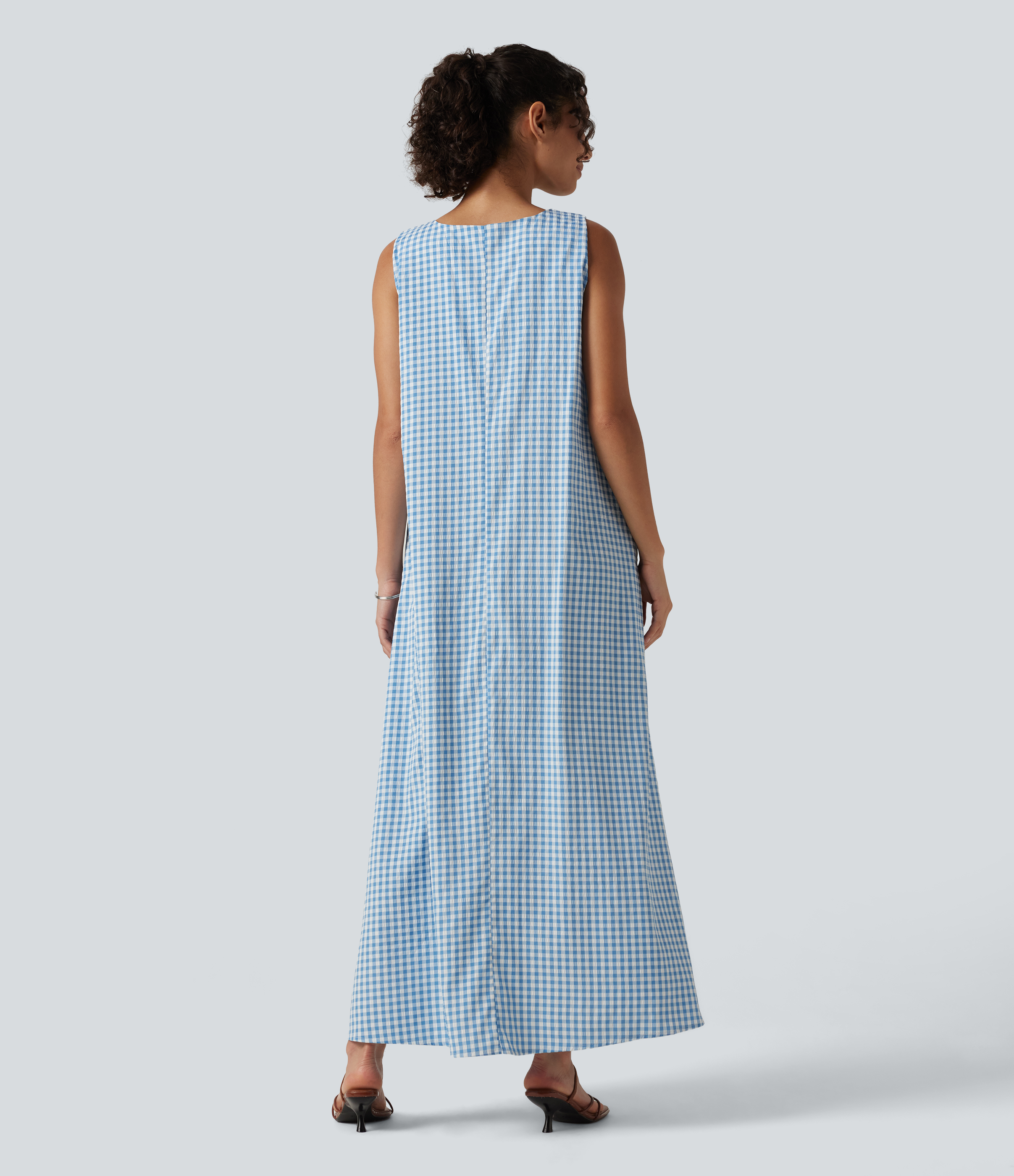 Blue White Bubble Grid Round Neck Sleeveless Midi Crinkle Gingham Casual Tank Dress with Pockets DD-F Cups / 2