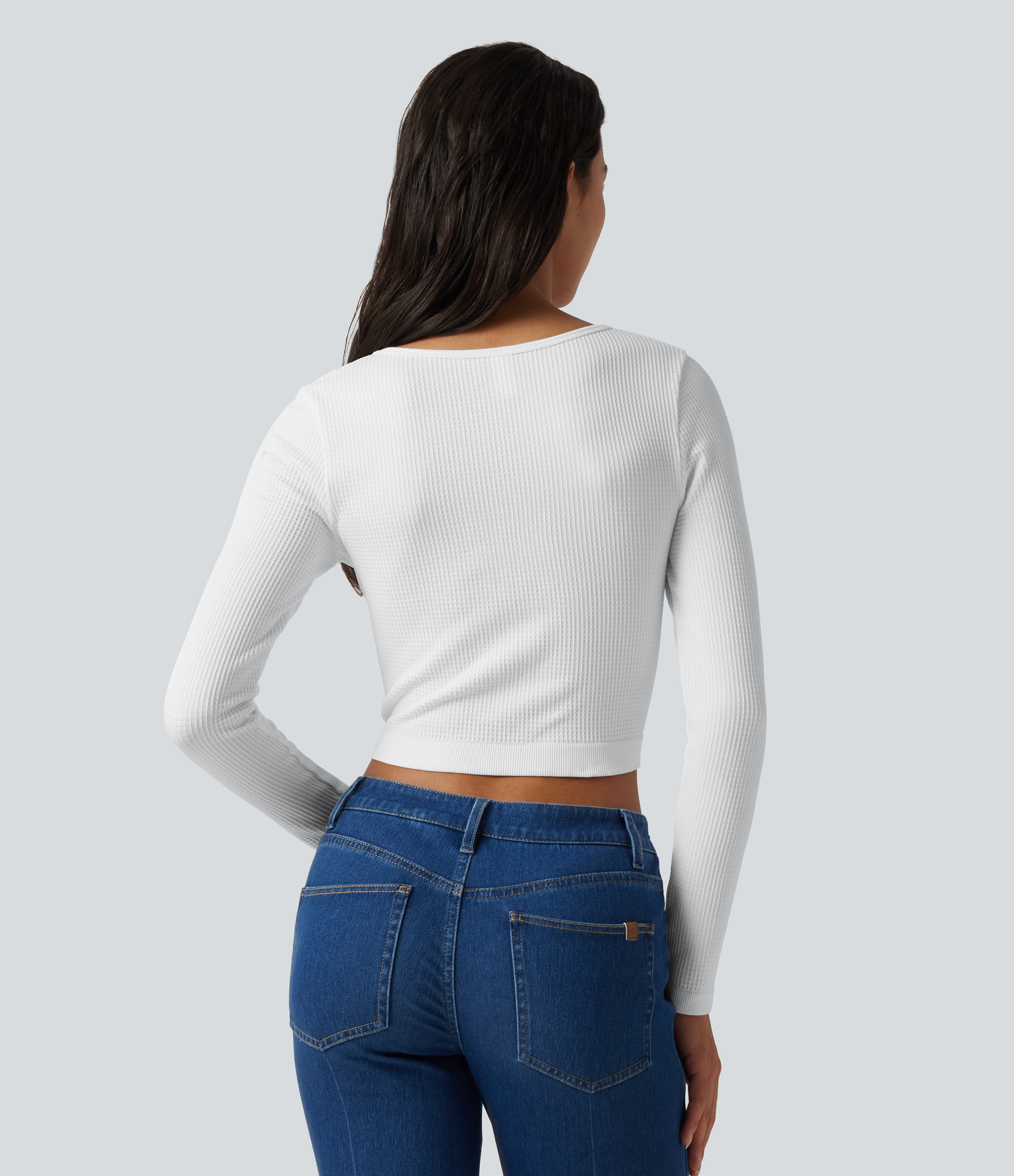 White Seamless Flow Round Neck Long Sleeve Waffle Casual Top / 2