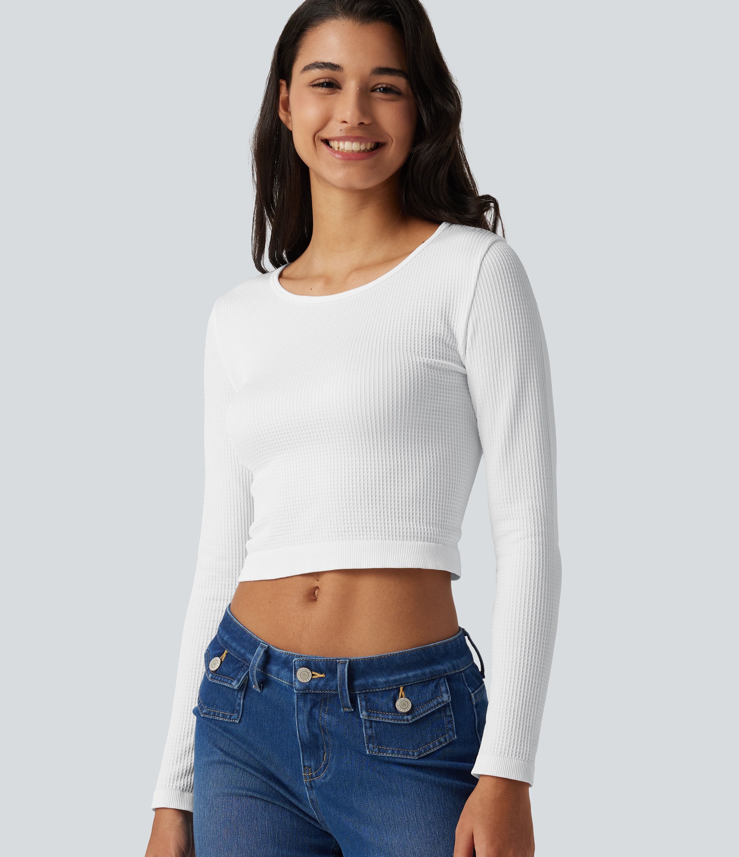 Seamless Flow Round Neck Long Sleeve Waffle Casual Top