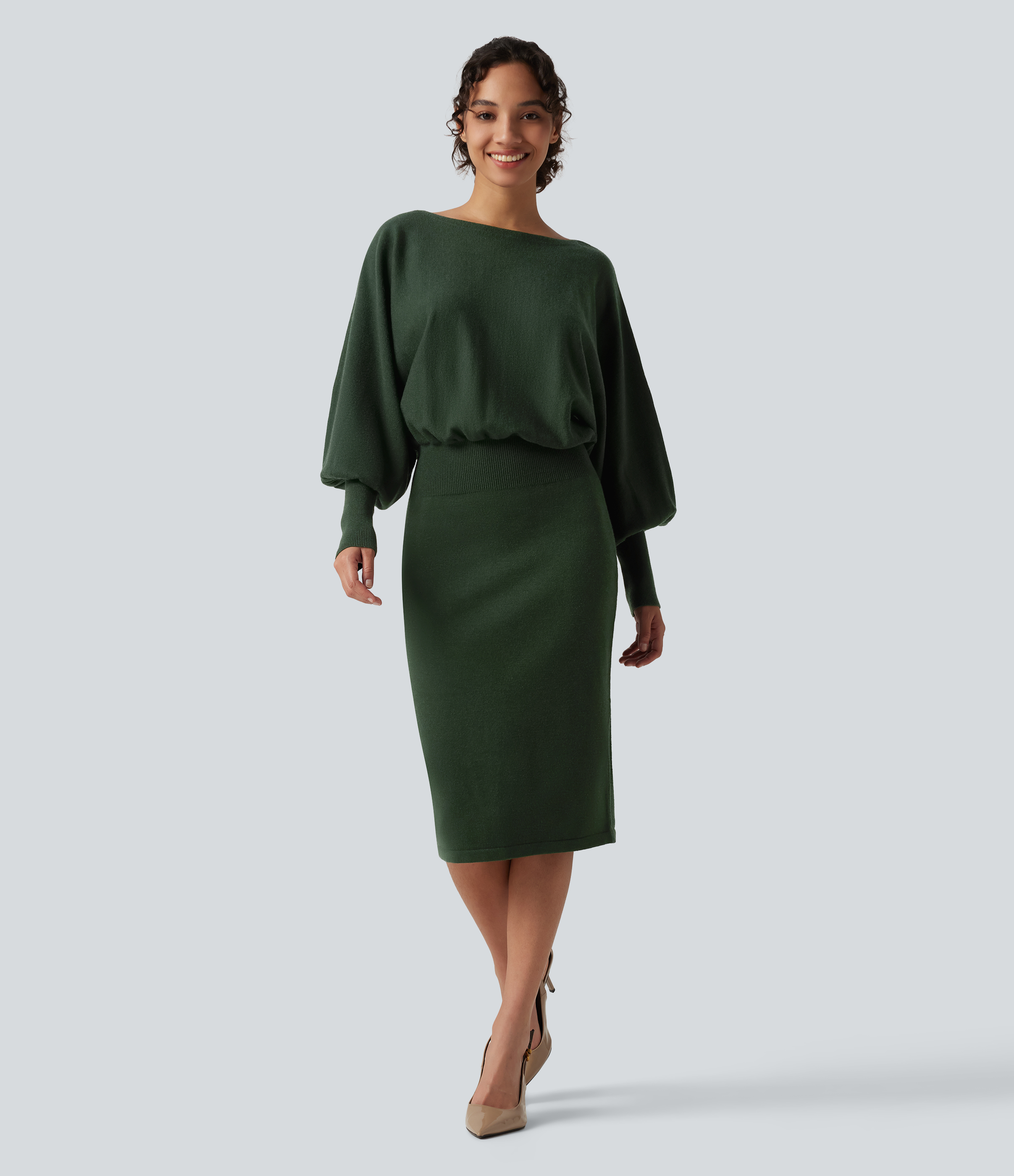 Boat Neck Puff Long Sleeve Work Sweater Dress