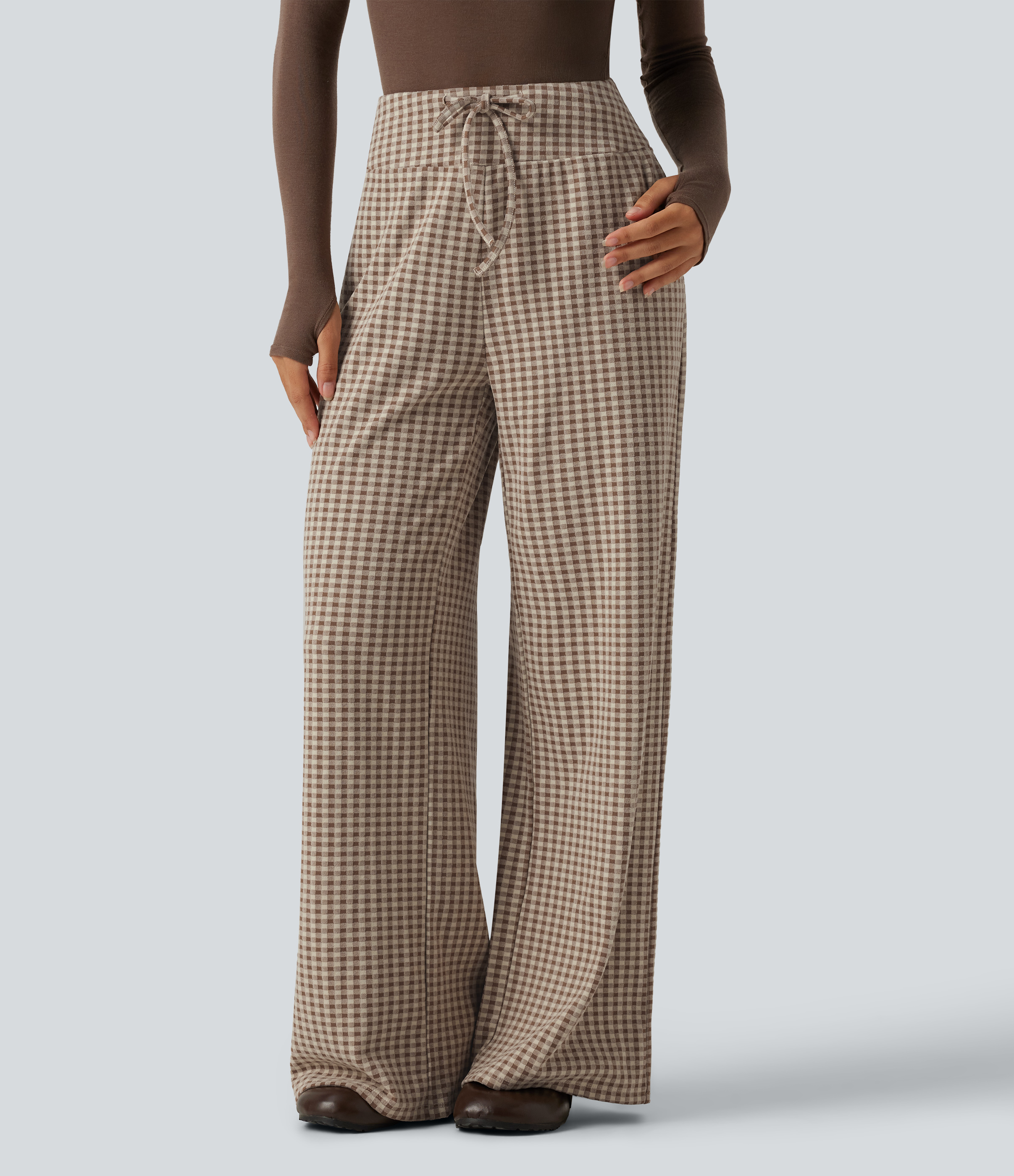 Mid Rise Plaid Drawstring Casual Baggy Pants with Pockets