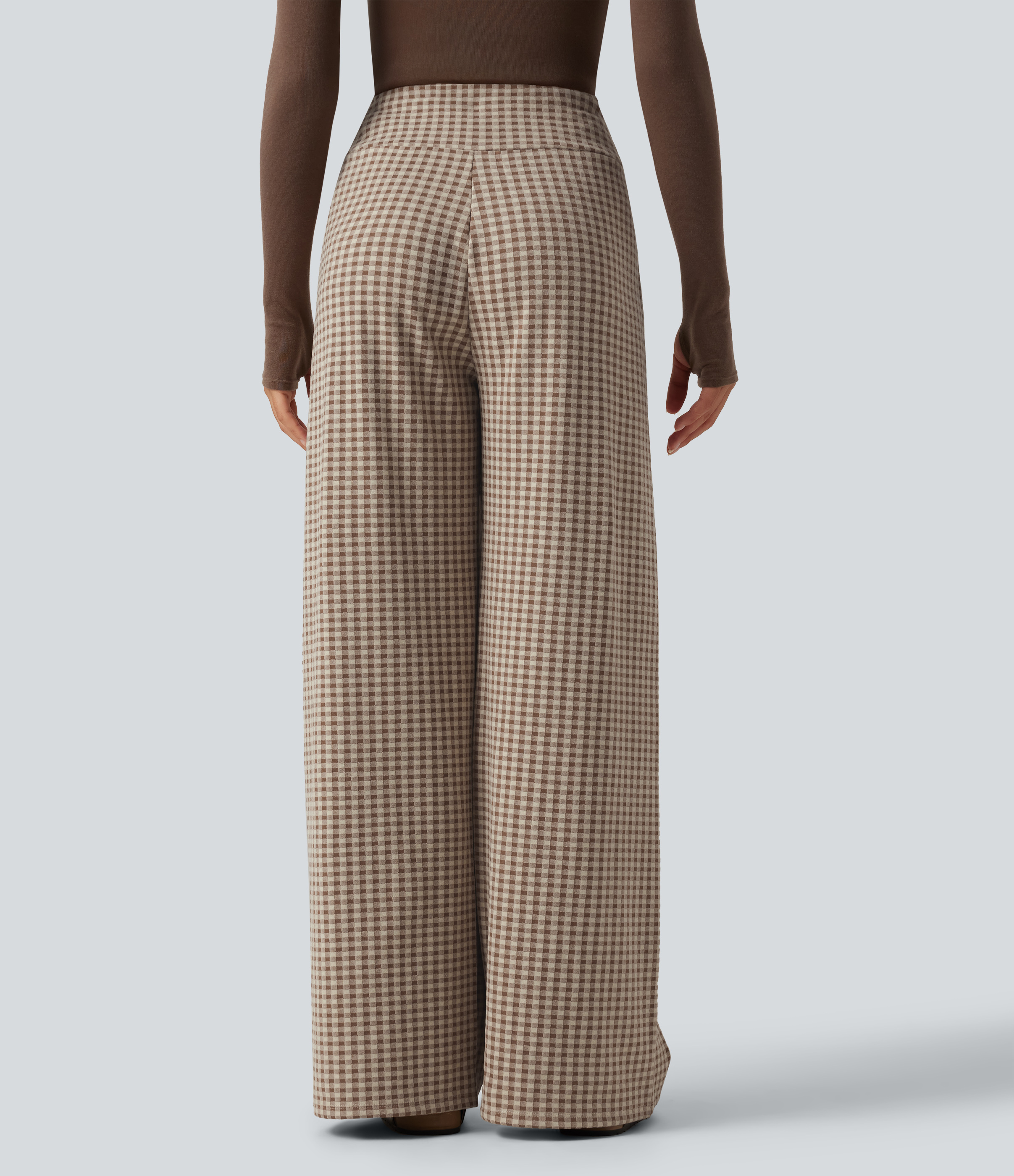 Paris Café Check Pantalon baggy décontracté à carreaux, taille mi-haute, cordon de serrage et poches / 2