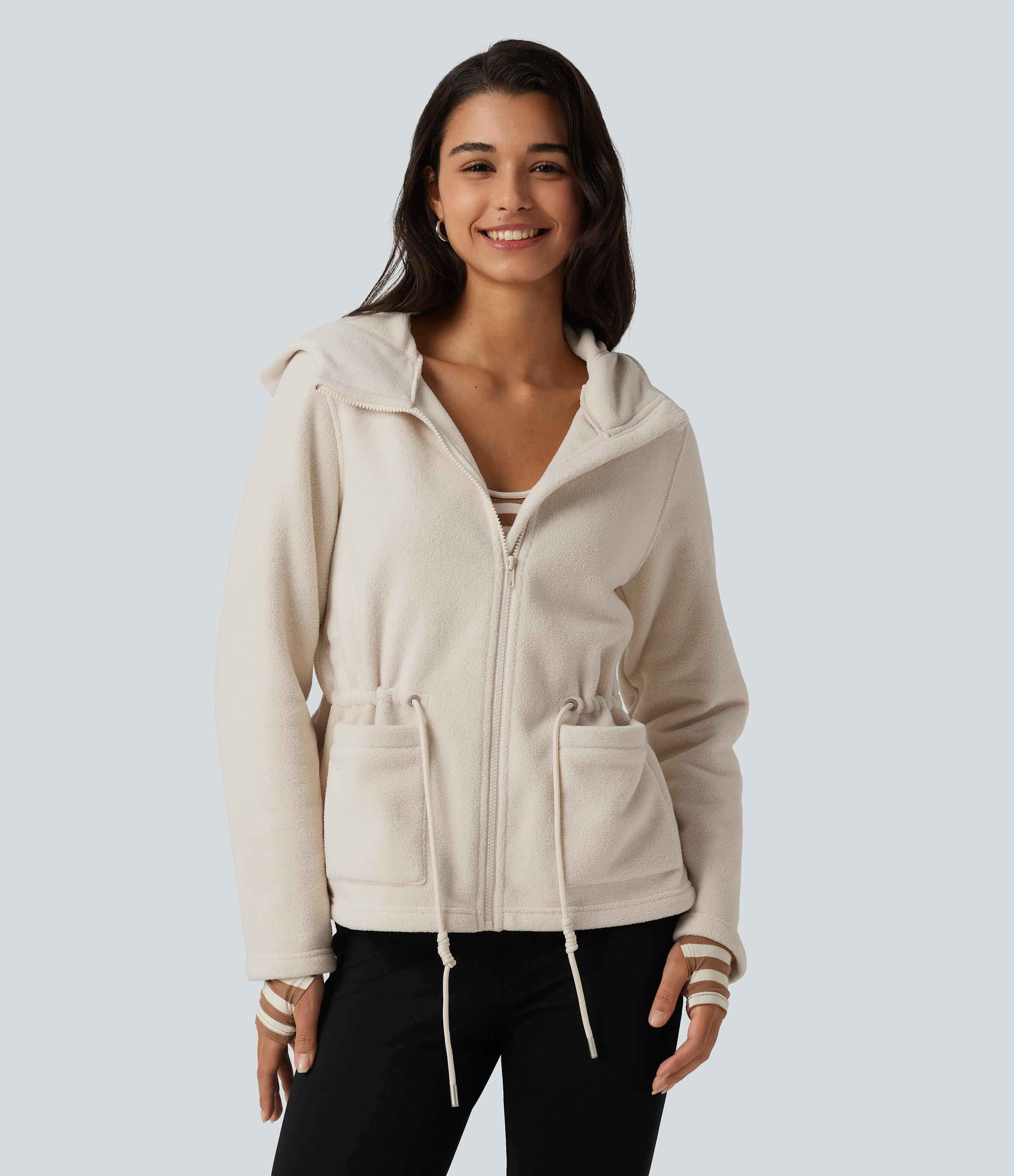 Hooded Drawstring Long Sleeve Casual Sherpa Jacket with Pockets