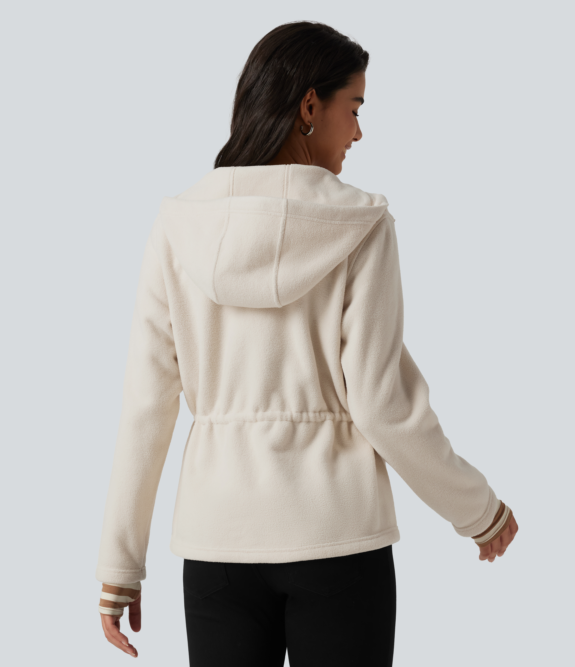 Parchment White Hooded Drawstring Long Sleeve Casual Sherpa Jacket with Pockets / 2