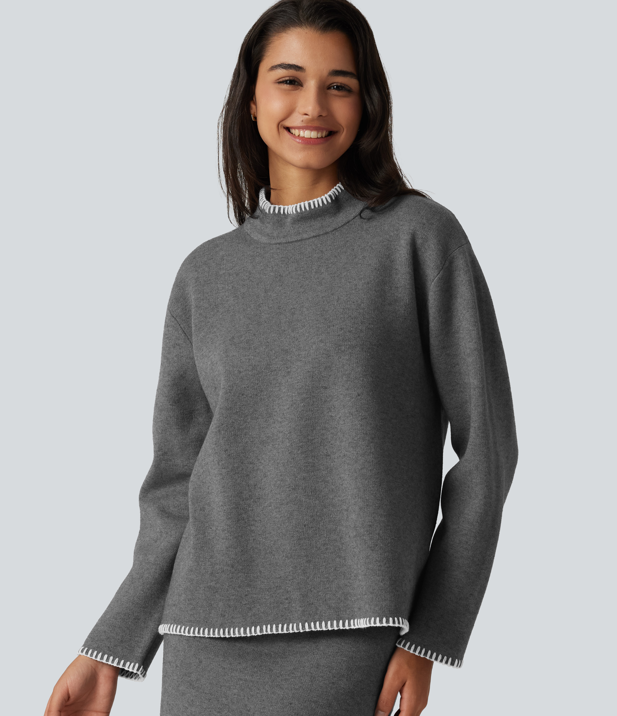 Stand Collar Long Sleeve Crochet Work Sweater