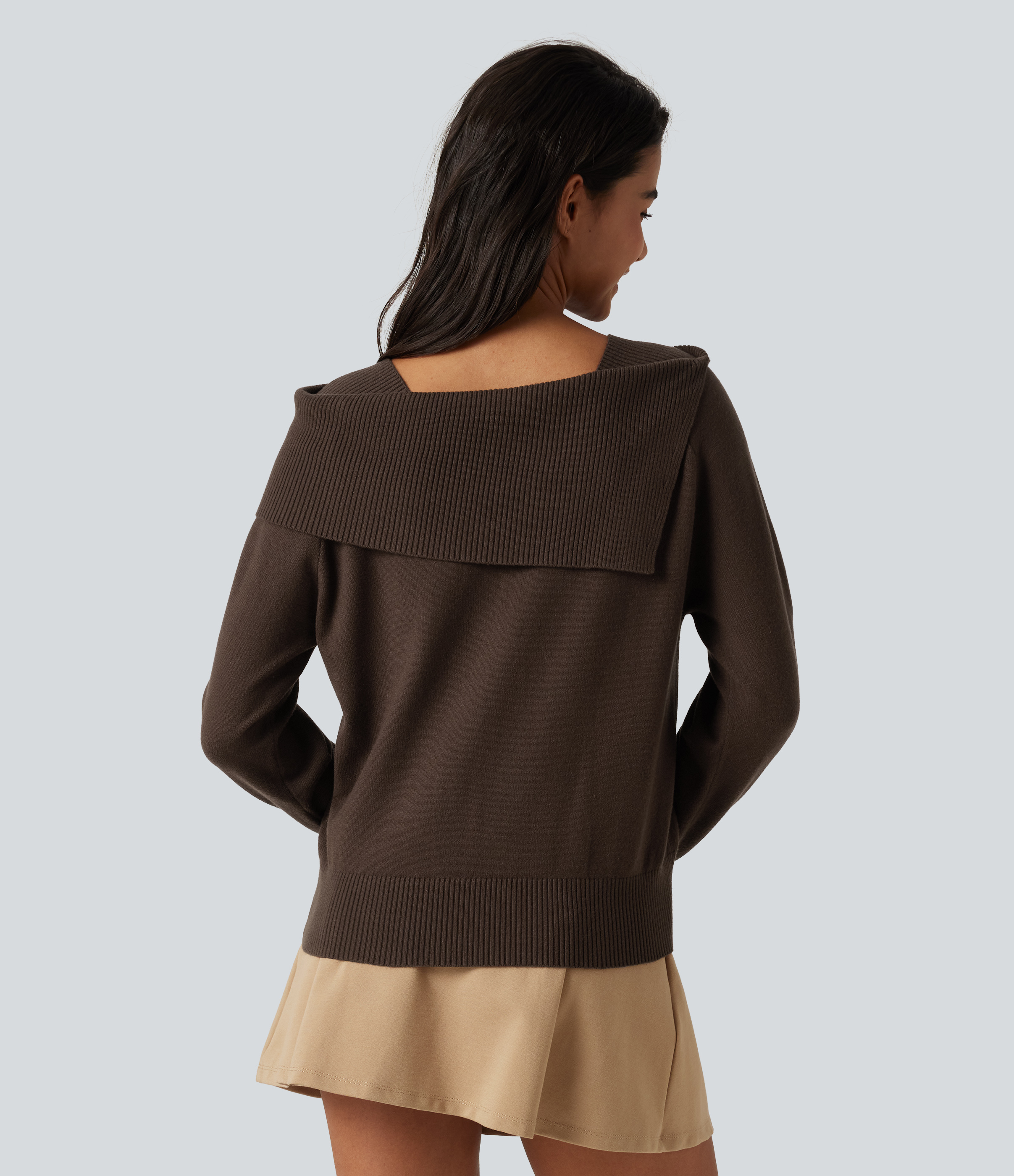 Flamewood Brown Pull décontracté à col à revers et manches longues / 2