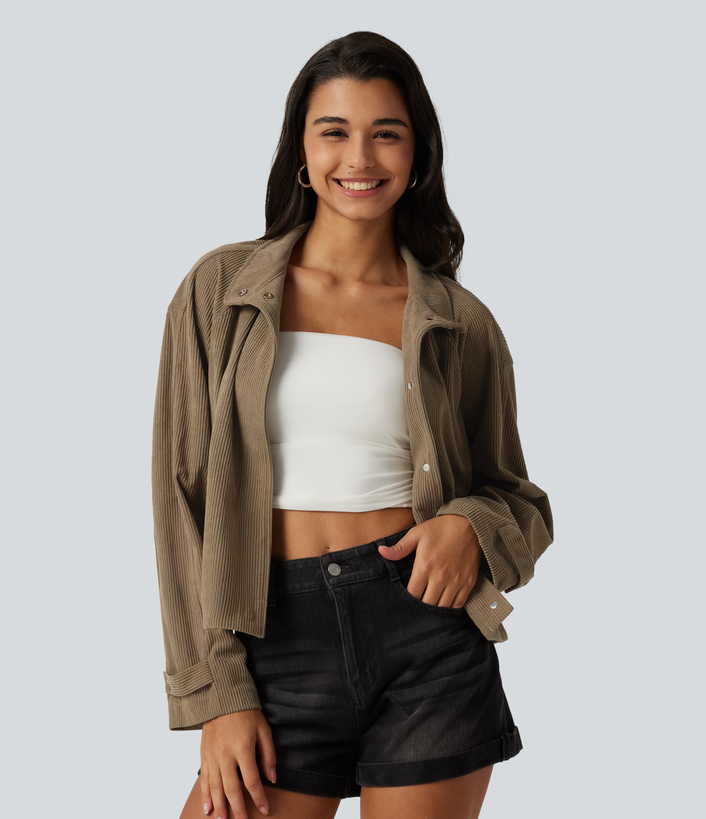 Long Sleeve Corduroy Casual Shirt Jacket with Pockets
