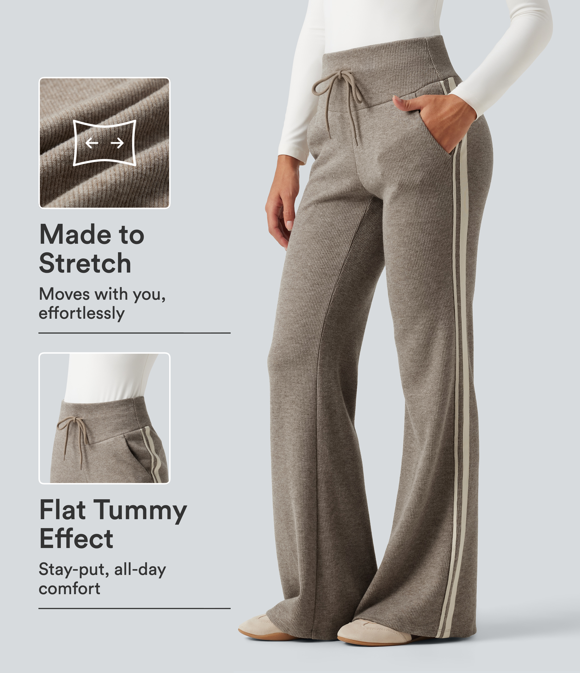 Ribbed High Waisted Tummy Control Drawstring Side Stripe Flare Casual Pants with Pockets