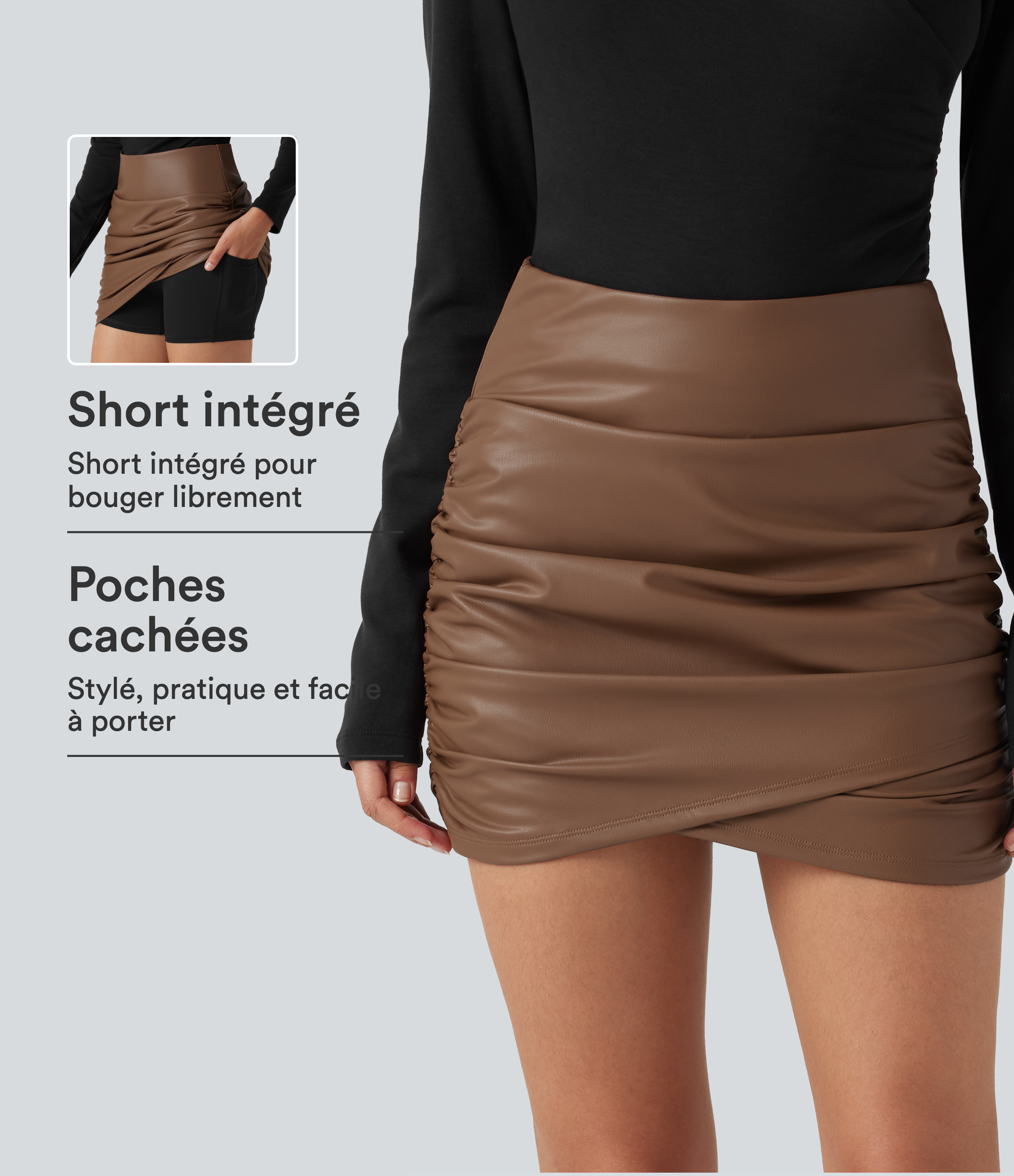 Jupe-short mini moulante taille haute gainante en simili doublé polaire avec fronces, ourlet croisé et poches