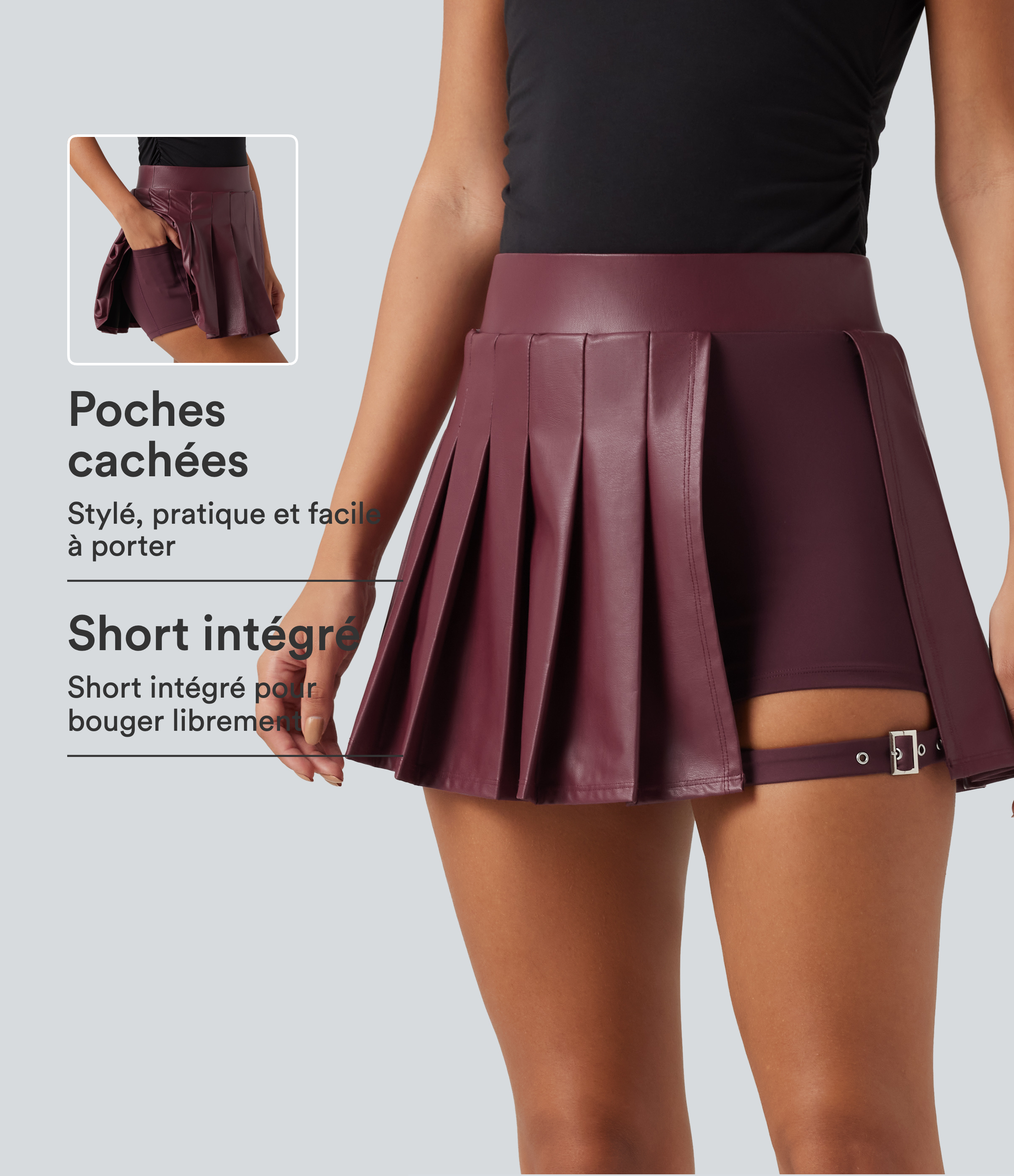 Jupe-short micro-mini de soirée taille haute plissée en simili stretch avec poche