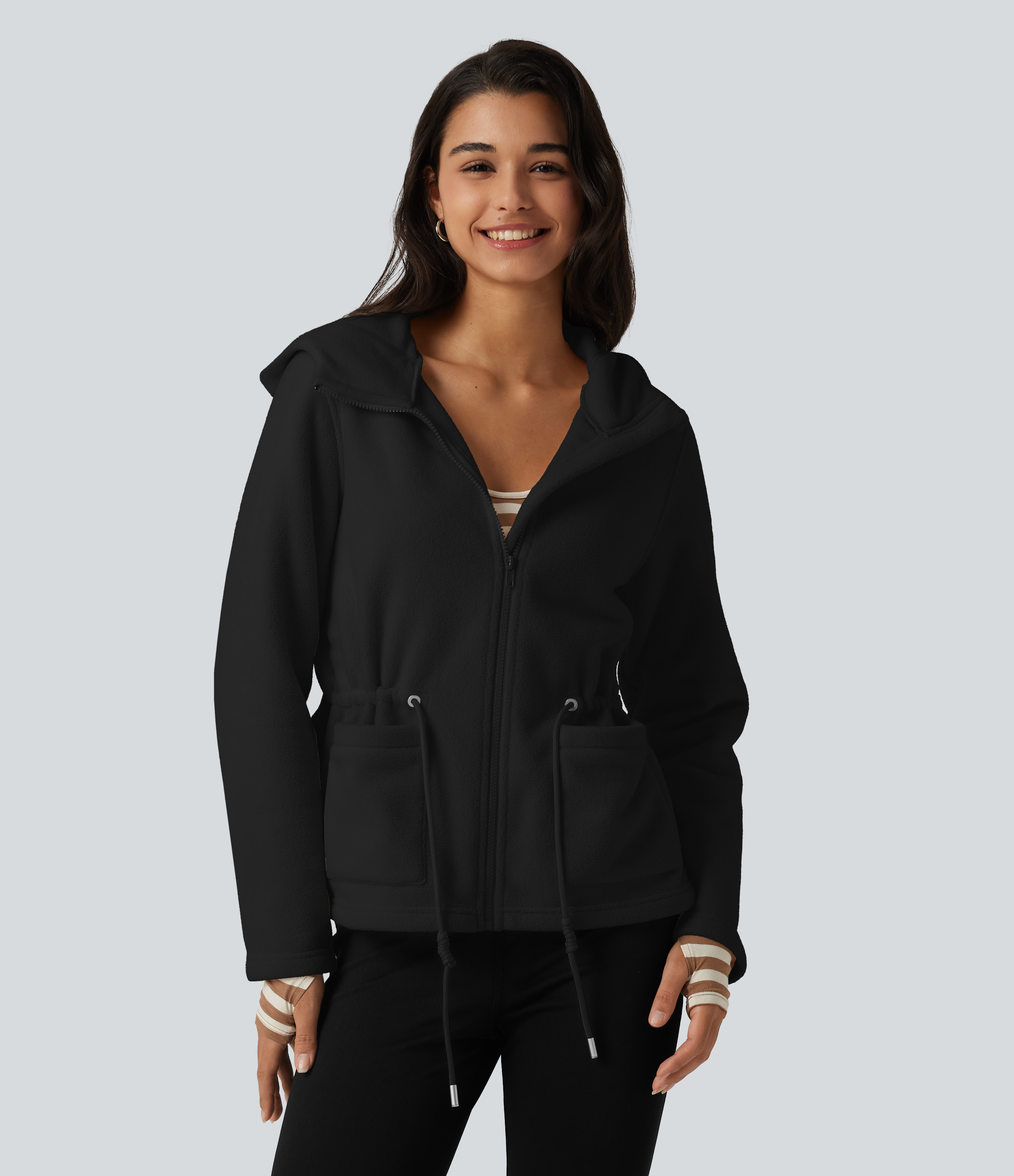 Hooded Drawstring Long Sleeve Casual Sherpa Jacket with Pockets