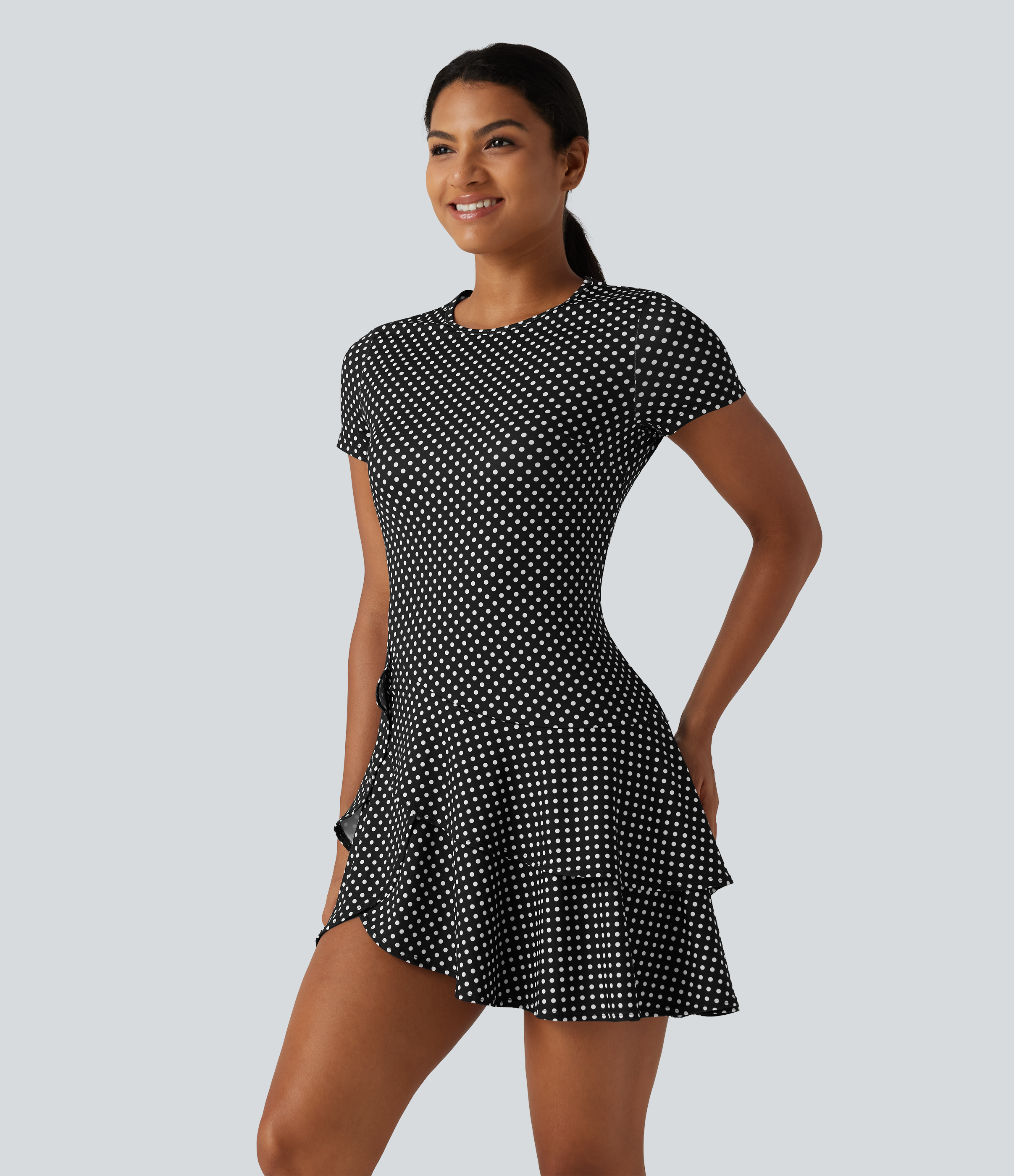 Round Neck Short Sleeve Layered Ruffle Hem Polka Dot Mini Casual Dress