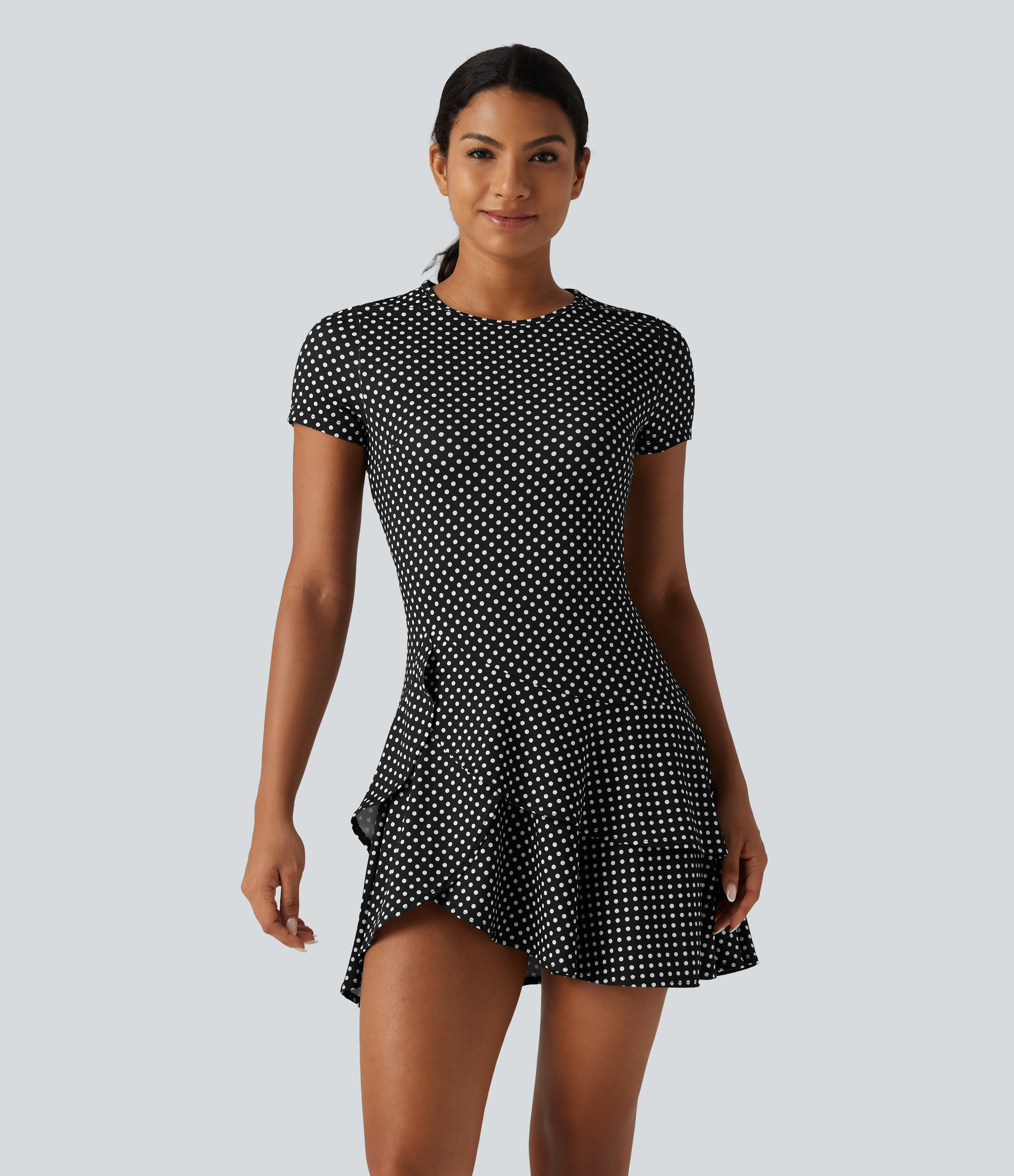 Round Neck Short Sleeve Layered Ruffle Hem Polka Dot Mini Casual Dress