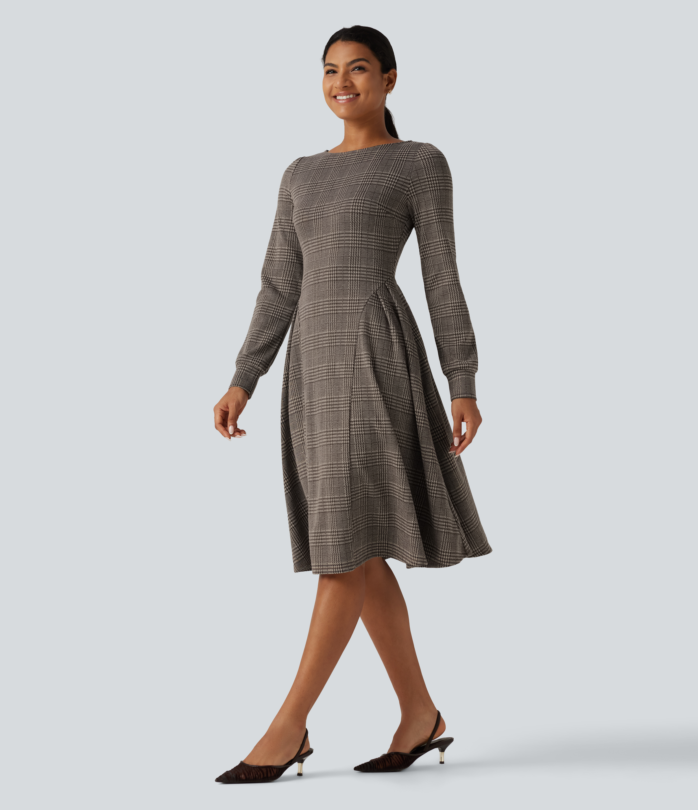 Boat Neck Long Sleeve Houndstooth Plaid Flare Midi Work Dress