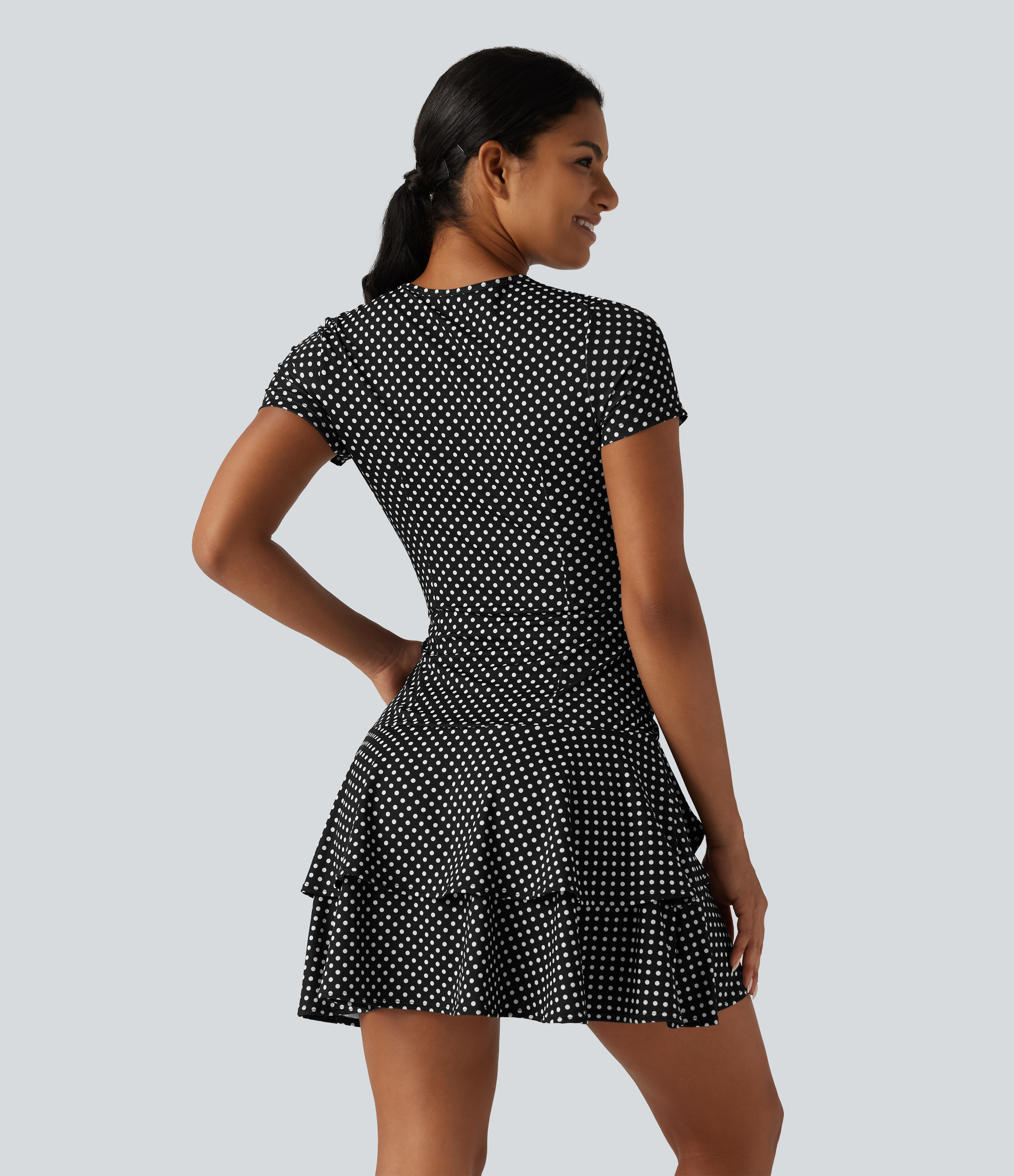 Midnight Dots Yuvarlak yaka, kısa kollu, katmanlı fırfırlı puantiyeli mini günlük elbise / 2