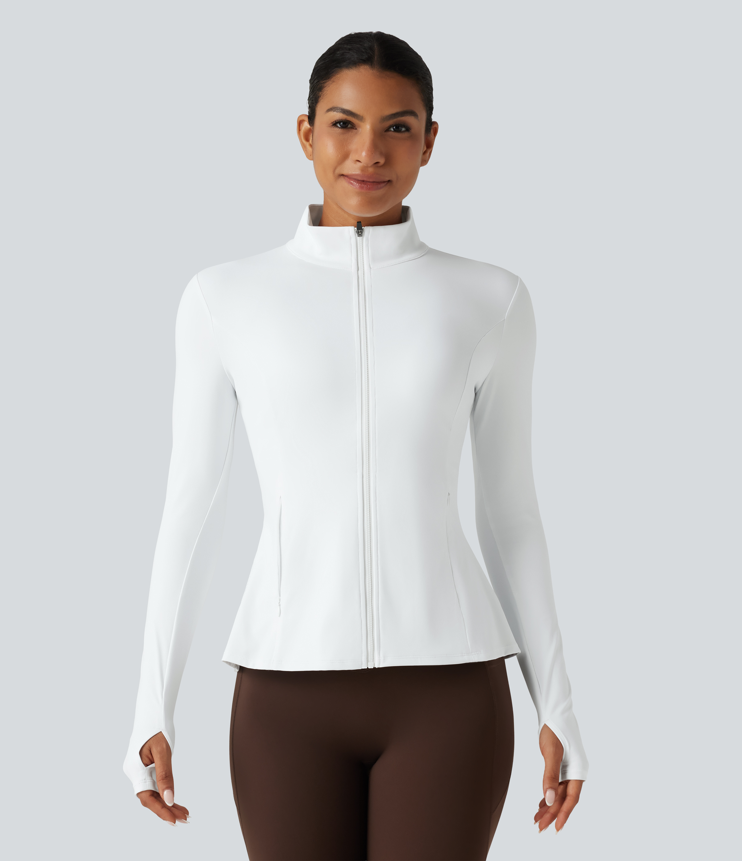SoftlyZero™ Airy Stand Collar Long Sleeve Thumb Hole Eyelet Ruffle Hem InstantCool Yoga Jacket with Pockets-UPF50+