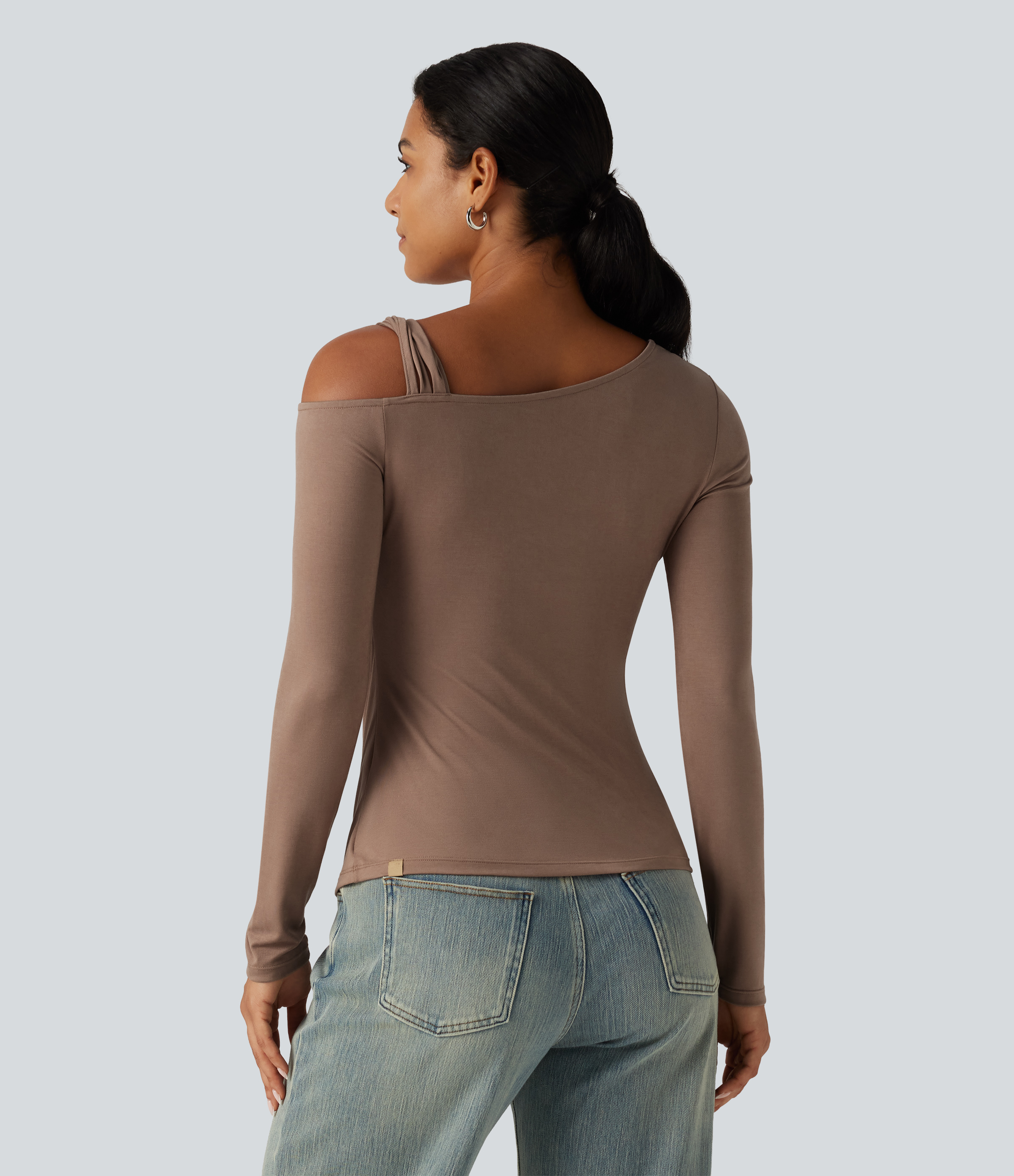 Praline One Shoulder Long Sleeve Ruched Asymmetric Back Casual T-Shirt / 2