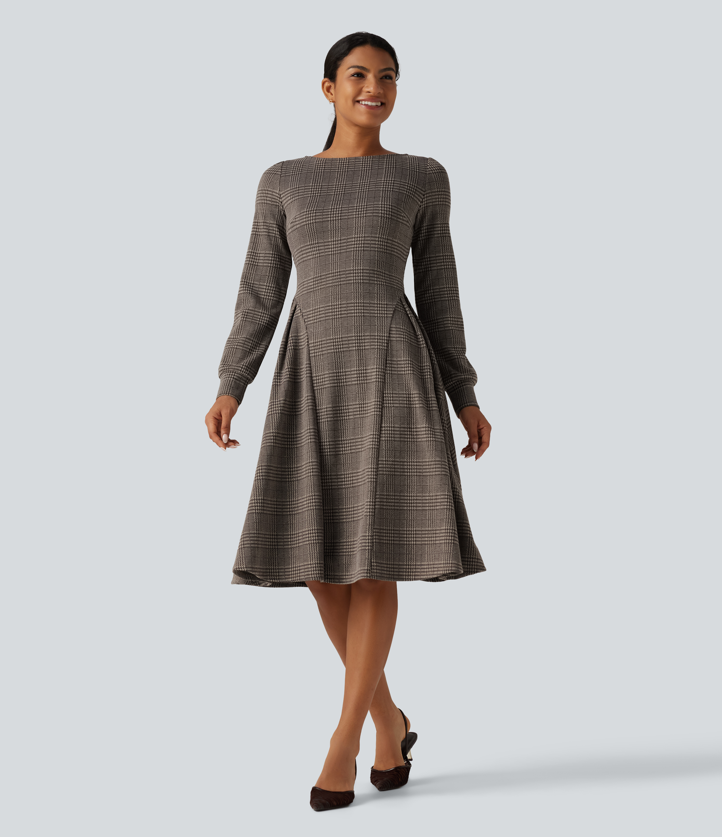 Boat Neck Long Sleeve Houndstooth Plaid Flare Midi Work Dress