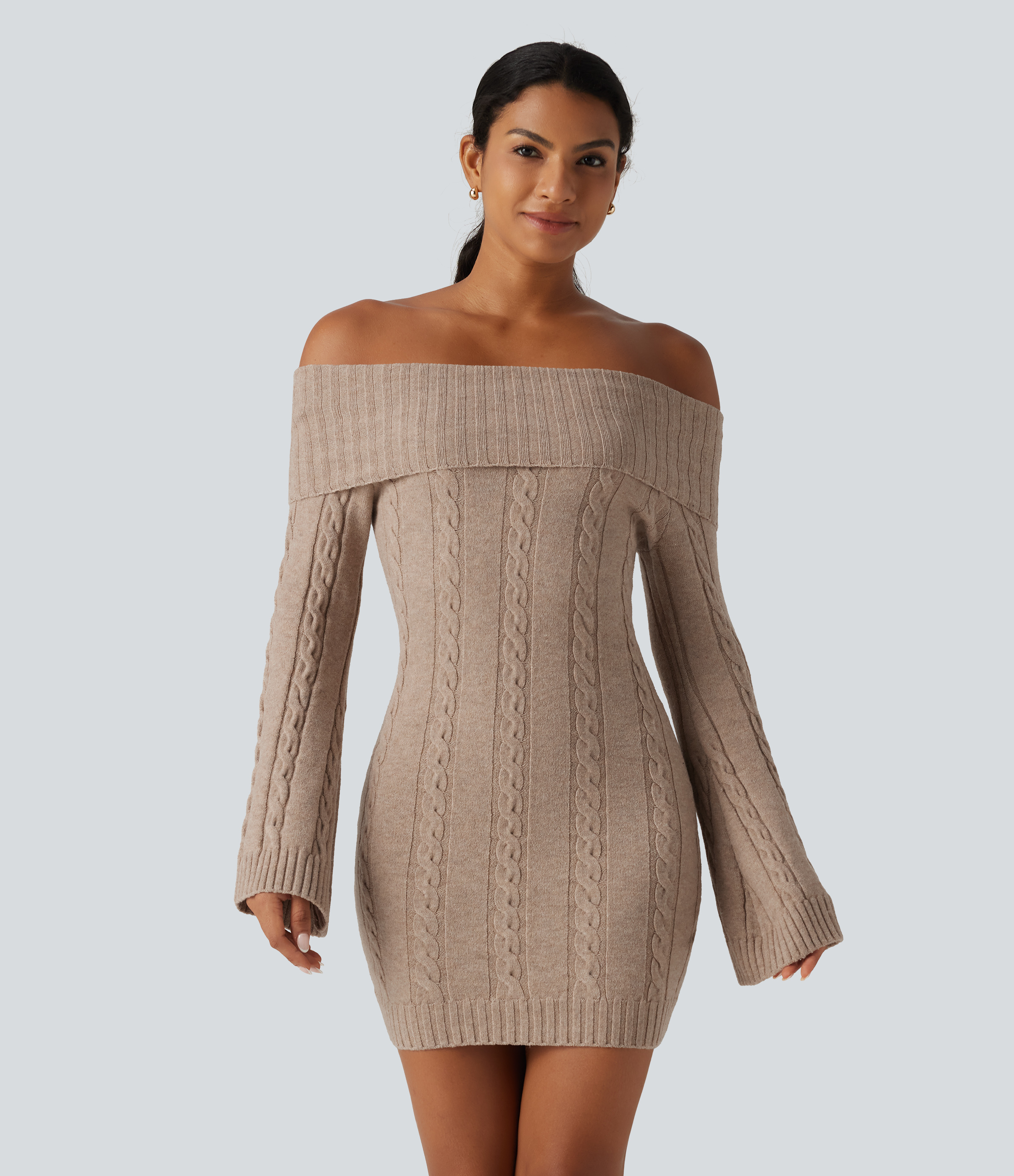 Off Shoulder Bell Long Sleeve Bodycon Mini Casual Sweater Dress
