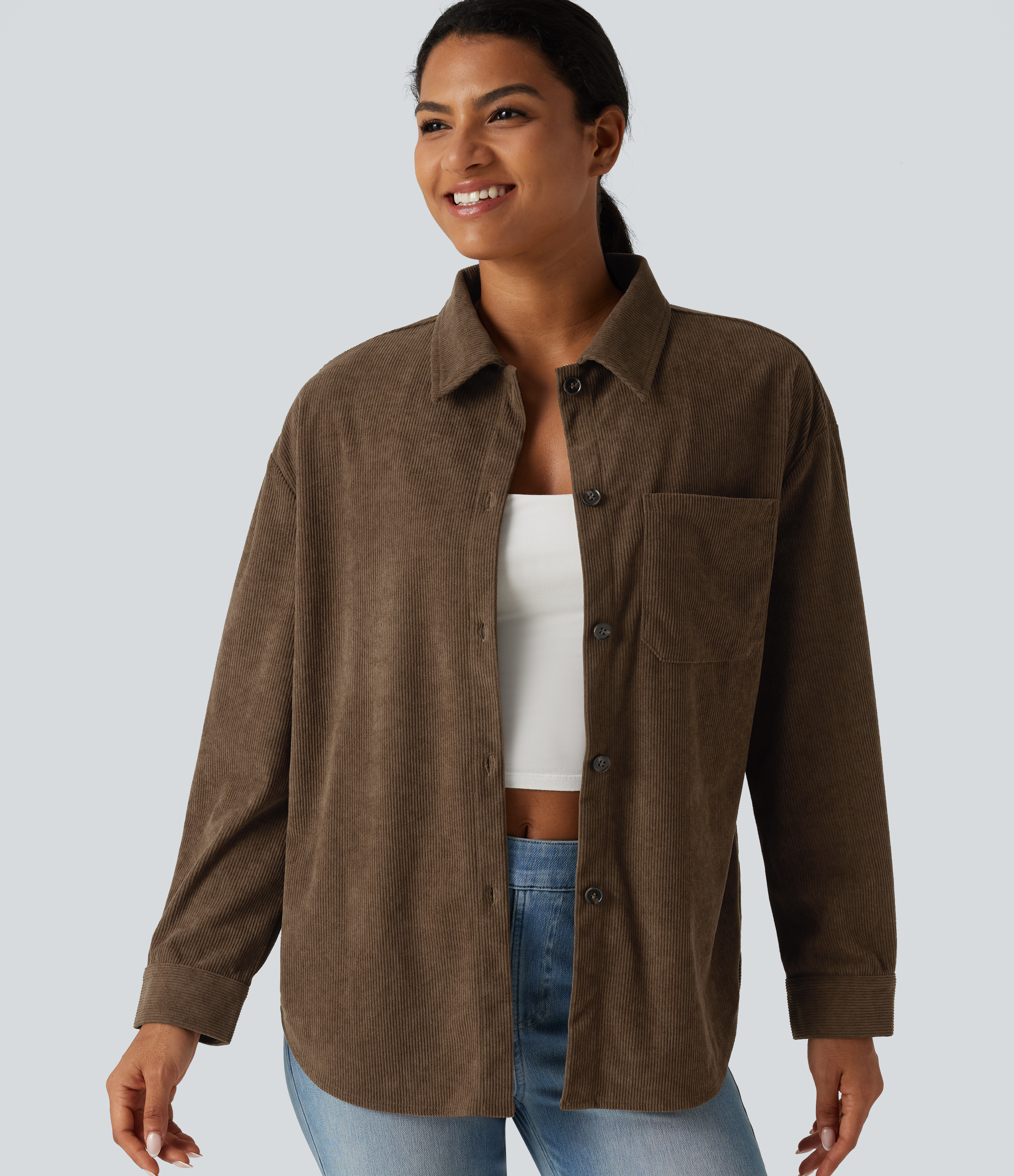 Long Sleeve Curved Hem Corduroy Casual Shirt Jacket with Pocket