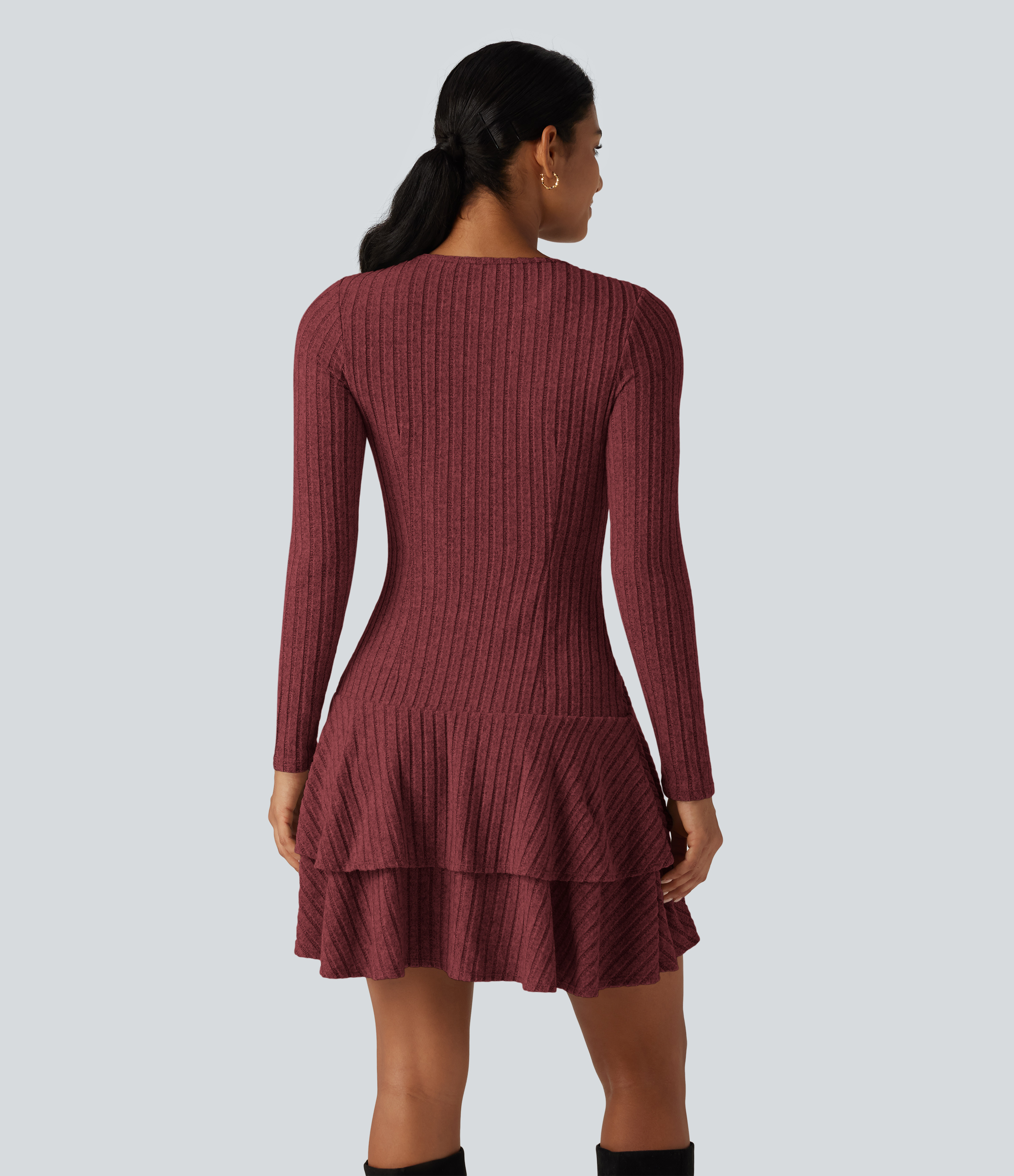 Wine Red Floral Yarn Ribbaður prjónakjóll með hringhálsi, löngum ermum og marglaga volangbotni, casual minikjóll / 2